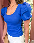 Perfect Fit Puff Sleeve Top-Cobalt