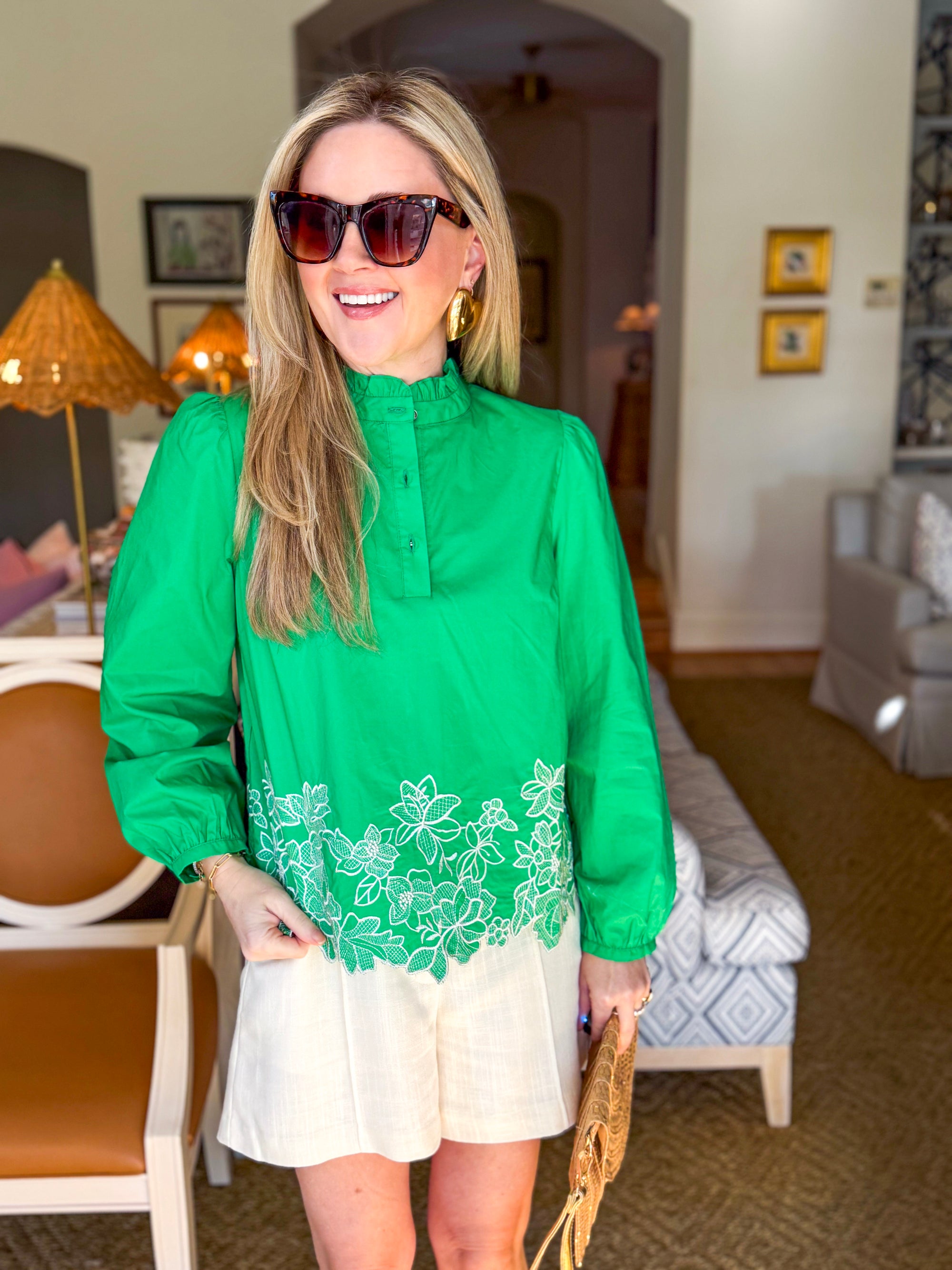 Threaded Bloom Long Sleeve Top-Spring Green