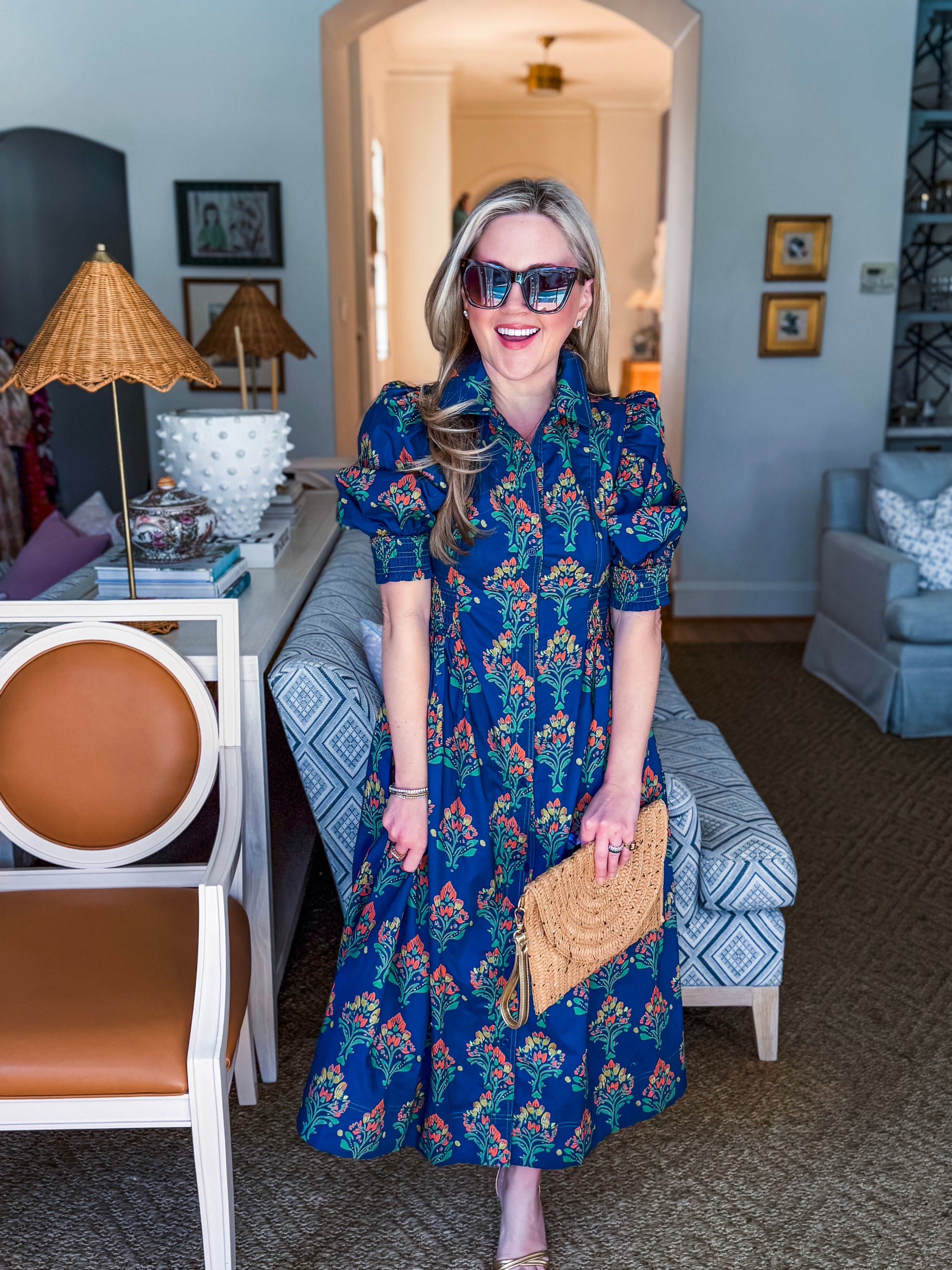 Wildflower Grace Midi Shirt Dress-Navy