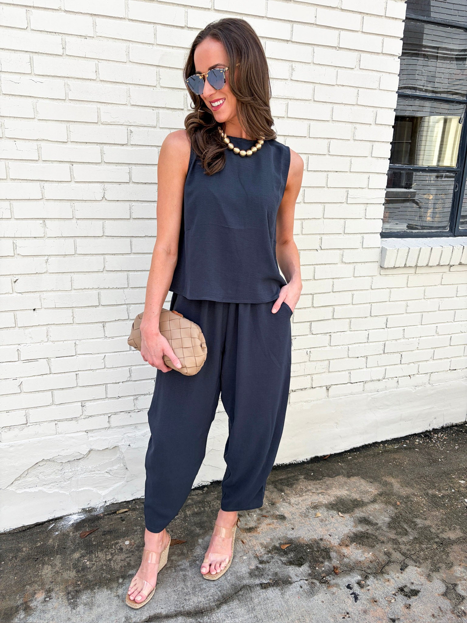 Abroad Adventure Textured Pant Set-Onyx Indigo