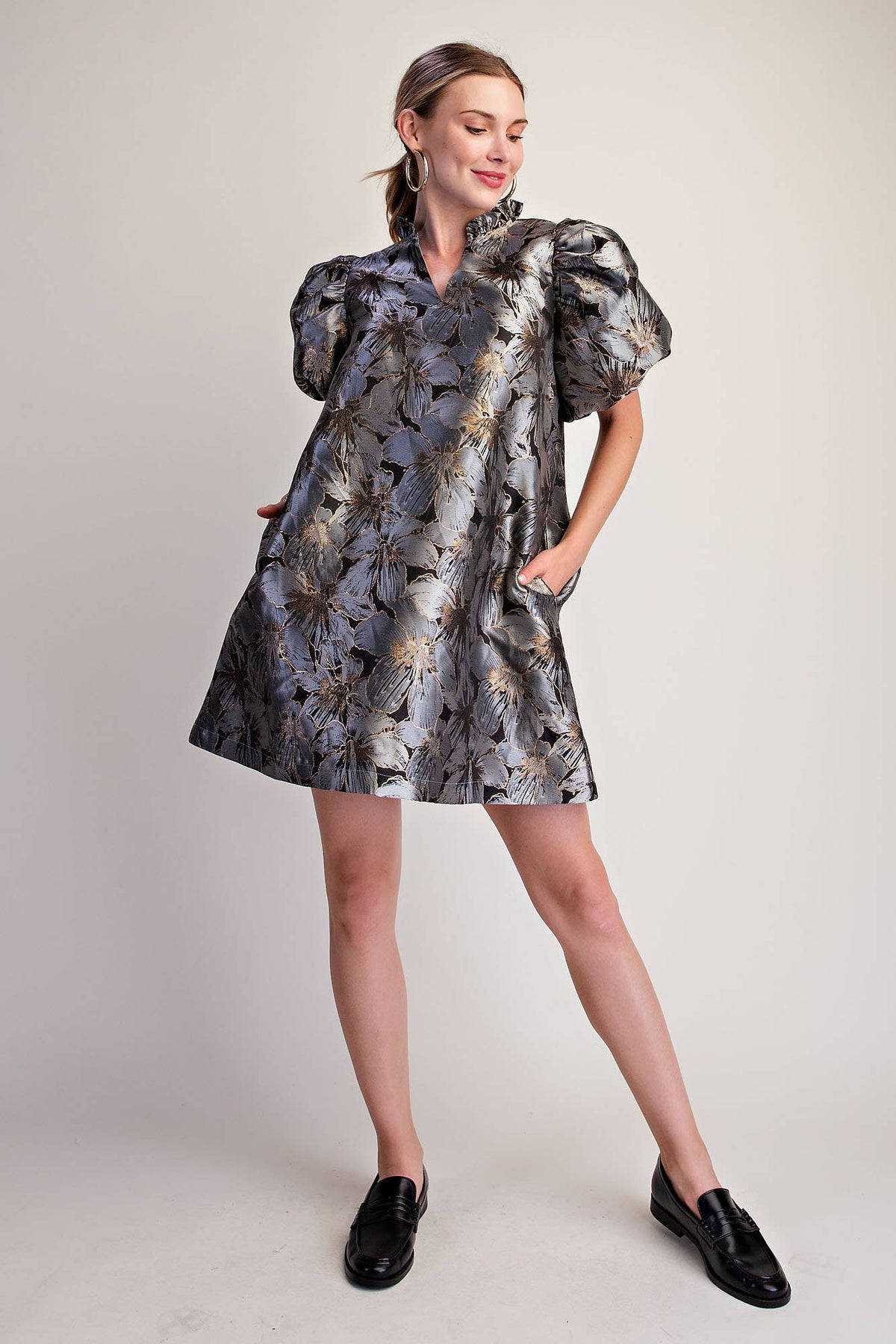 Luminous Bloom Mini Dress-Gray