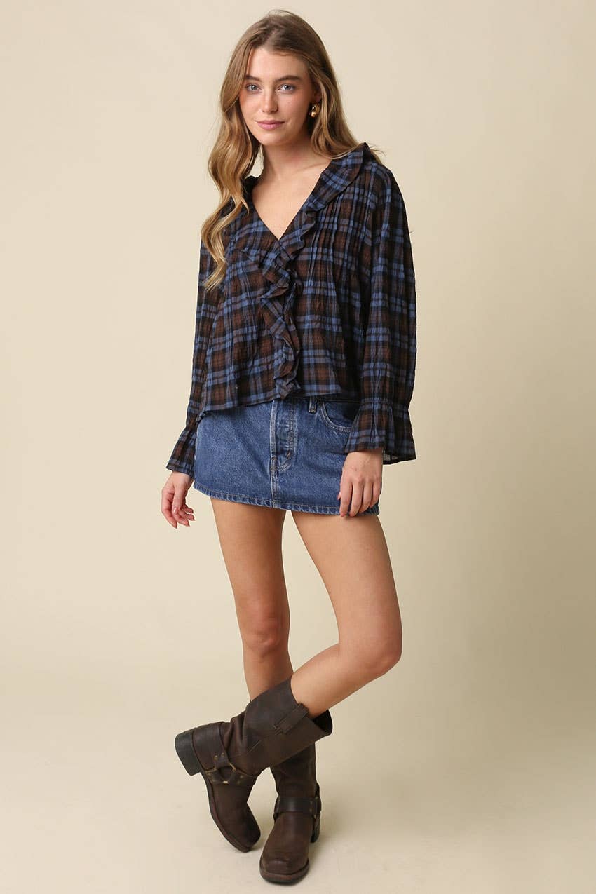 Lena Ruffle Plaid Blouse Top