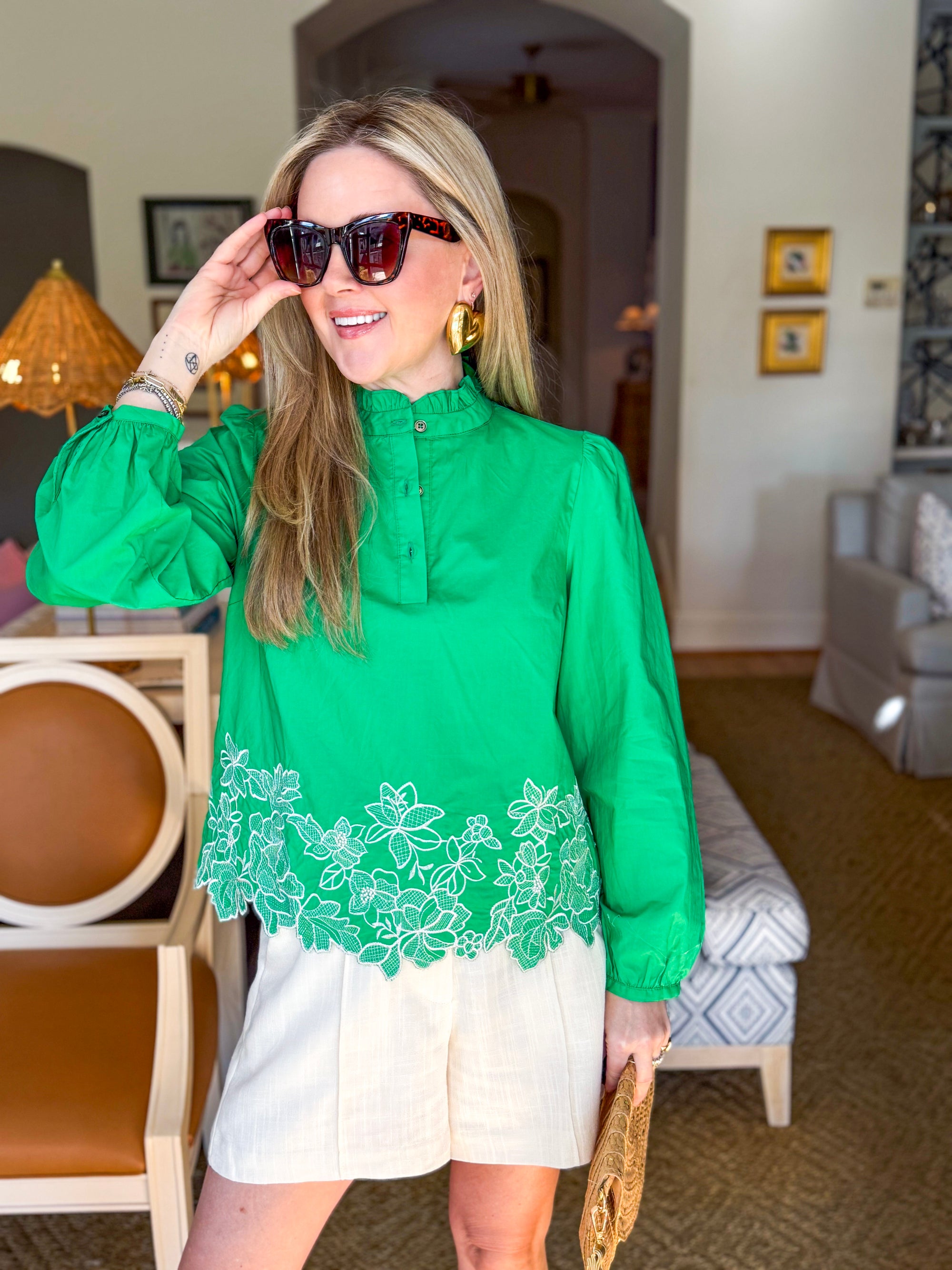 Threaded Bloom Long Sleeve Top-Spring Green