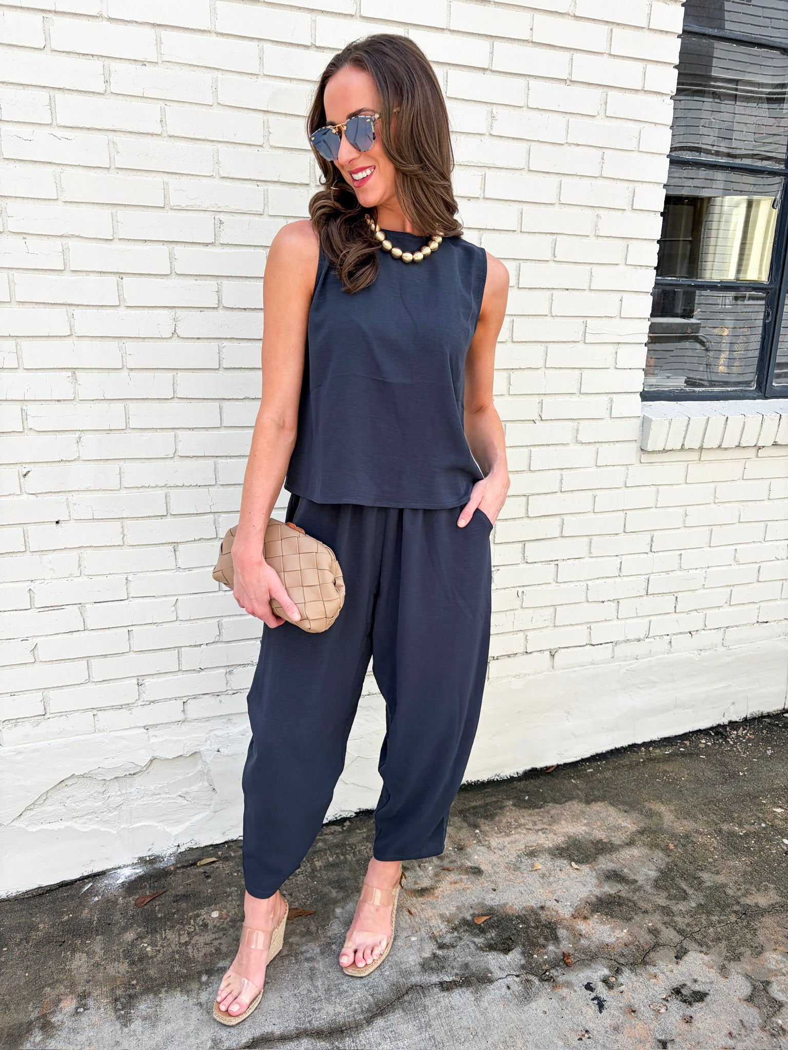 Abroad Adventure Textured Pant Set-Onyx Indigo