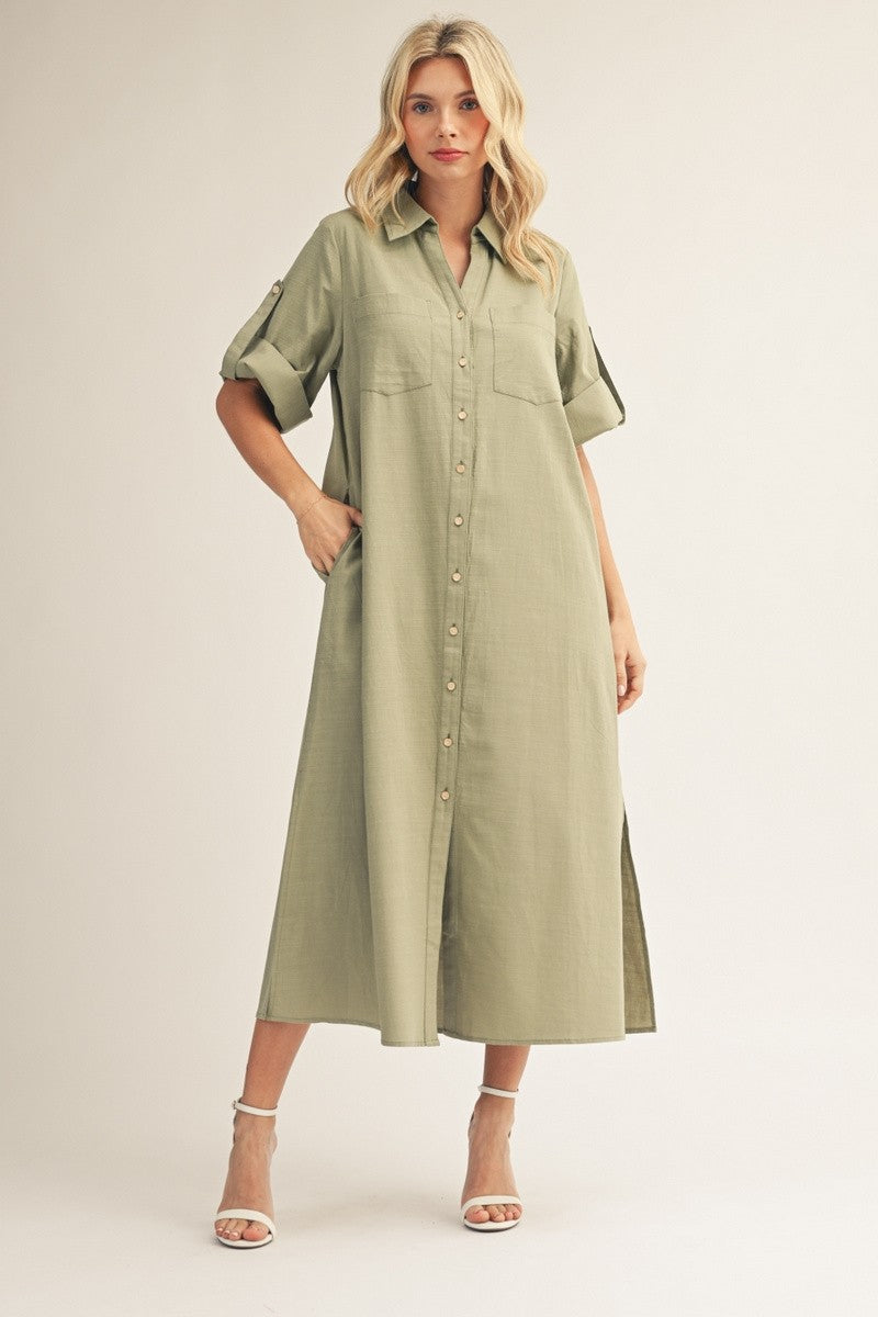 Weekend Chic Woven Midi Dress-Sage