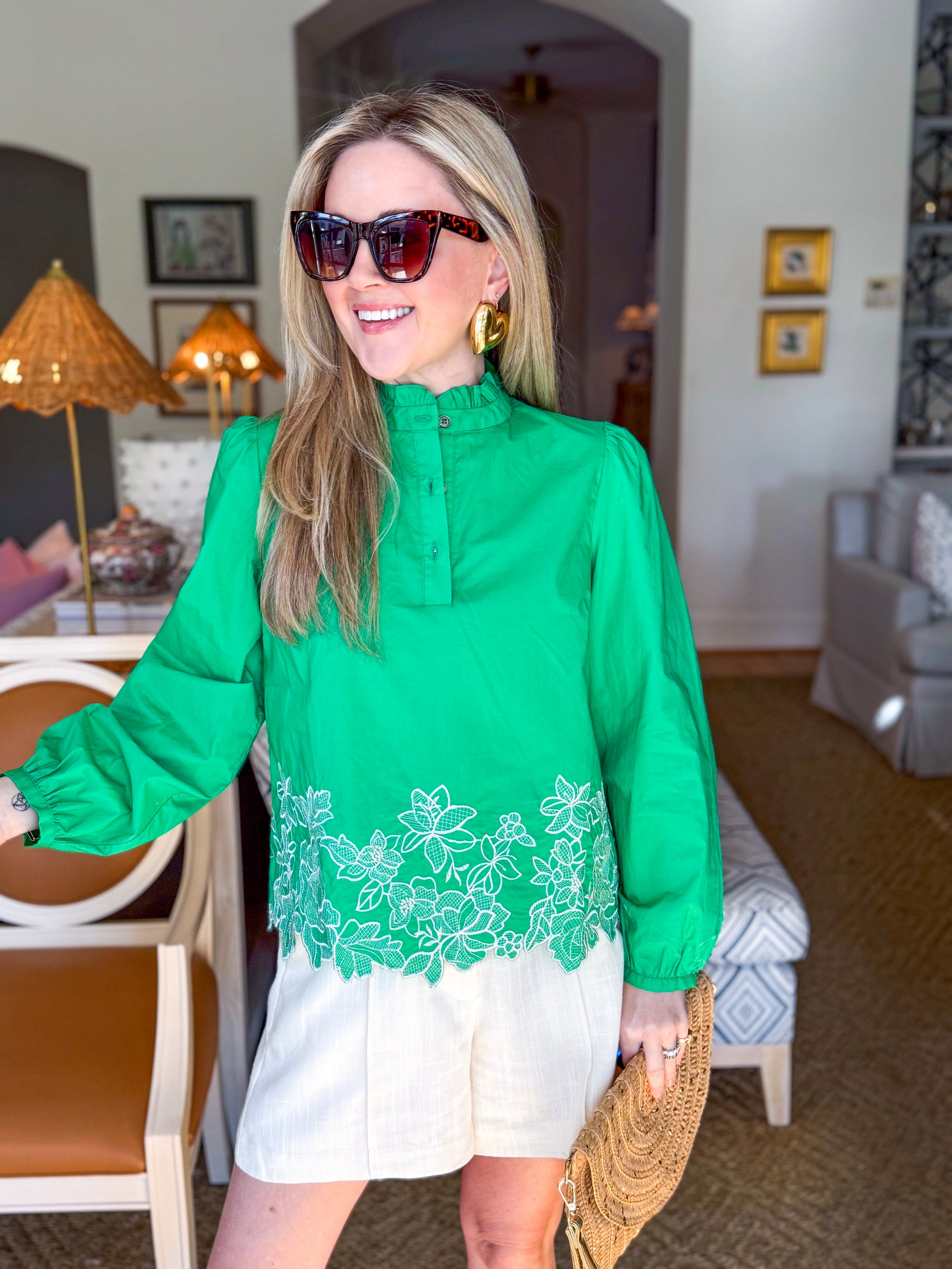 Threaded Bloom Long Sleeve Top-Spring Green