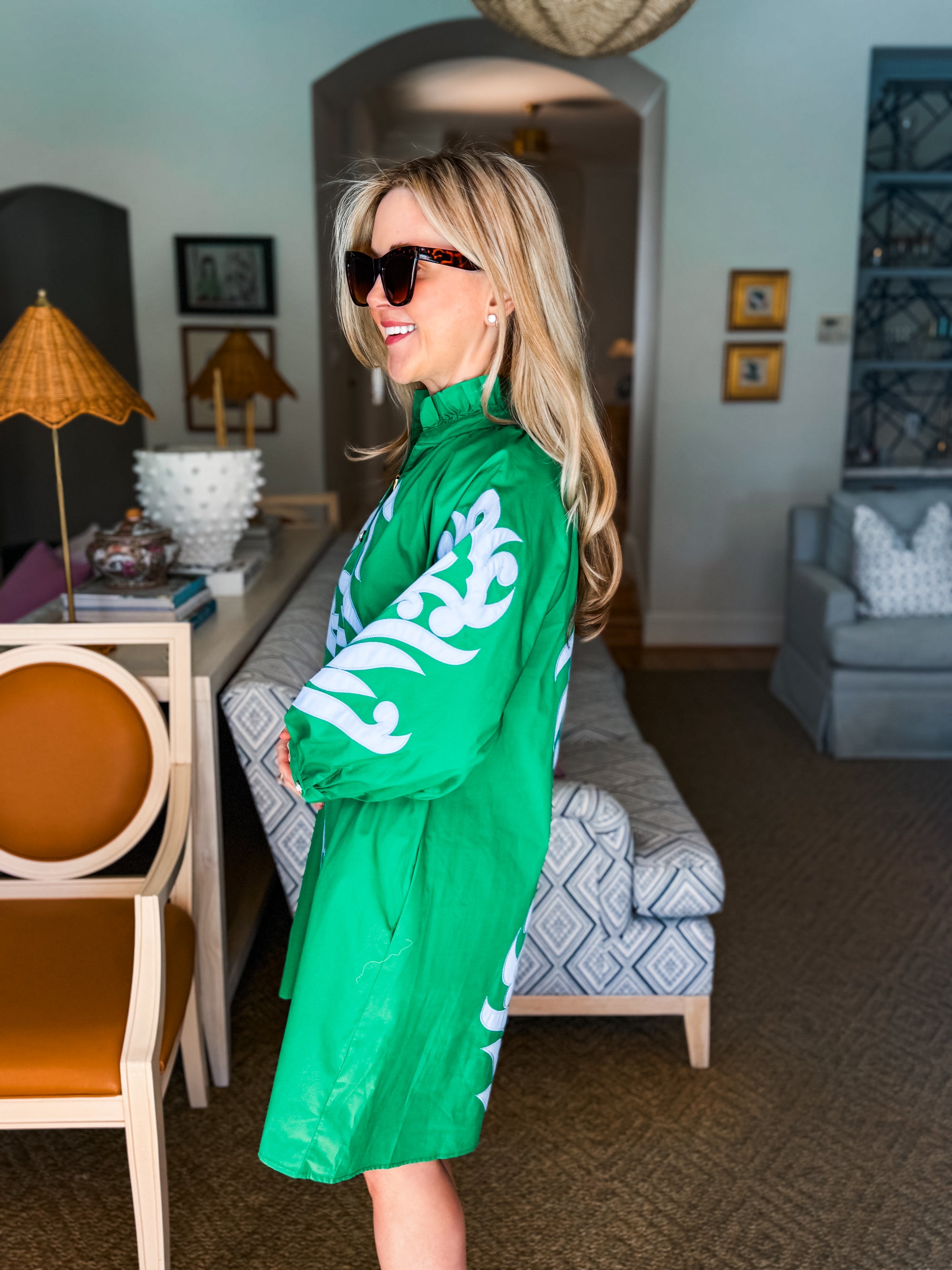 Isla Floral Baroque Dress-Kelly Green/Lt. Blue Pomp & Circumstance Boutique by Marie Earthman Isla Floral Baroque Dress-Kelly Green/Lt. Blue Pomp & Circumstance Boutique by Marie Earthman