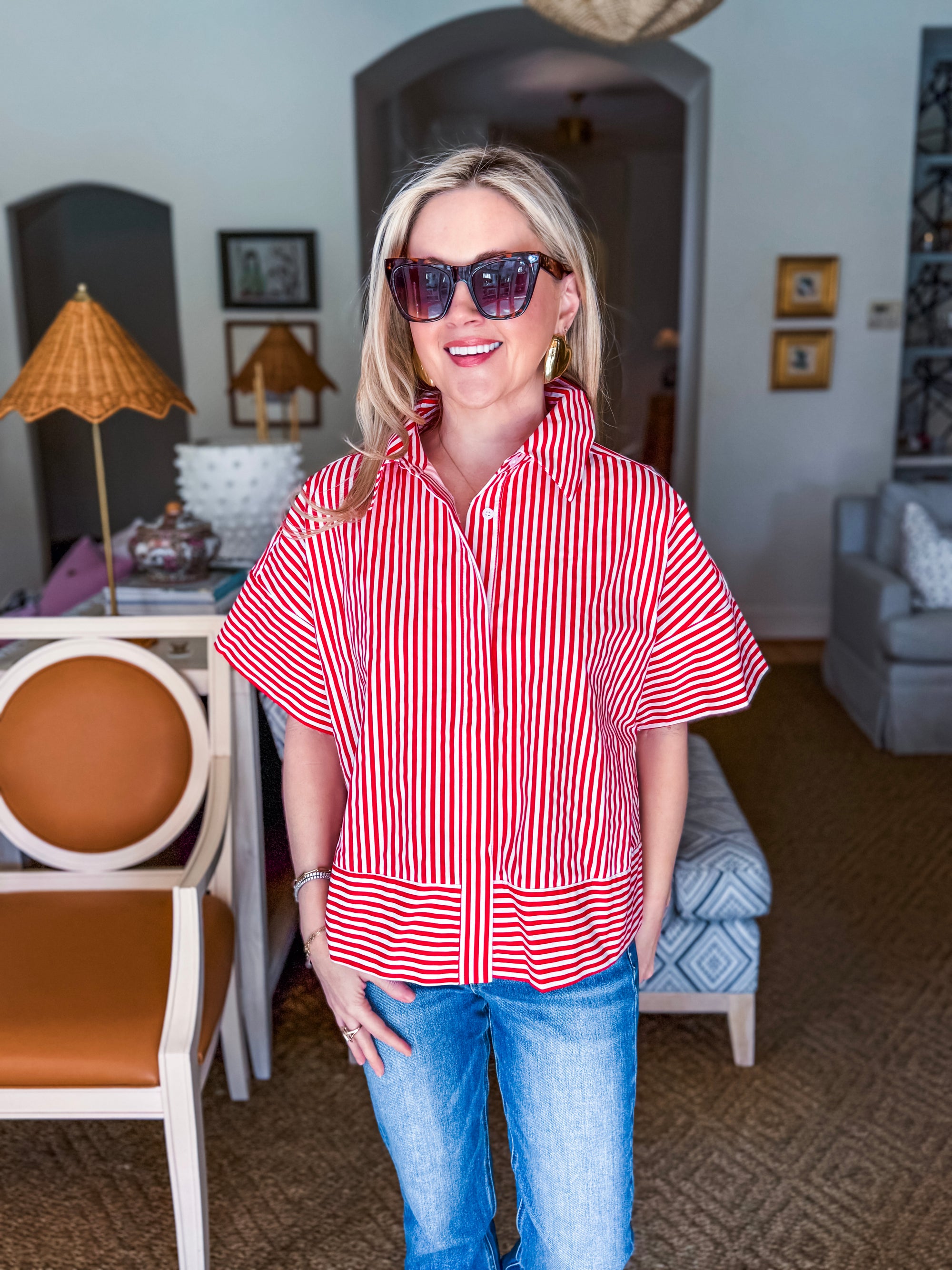 Portside Button Down Top-Red
