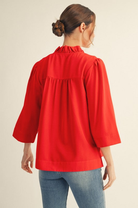 Eloise Ruffle Collar Top-Red