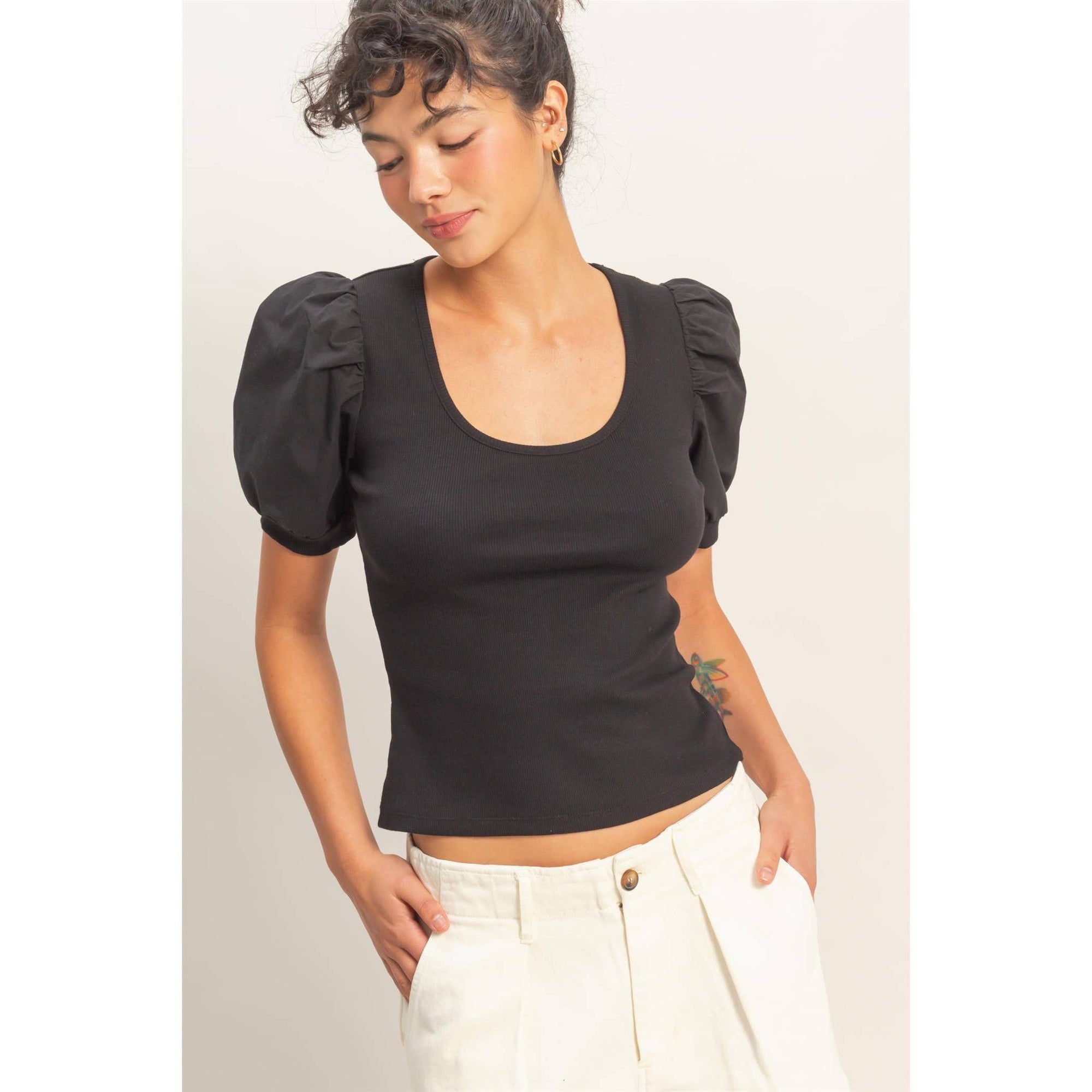 Perfect Fit Puff Sleeve Top-Black