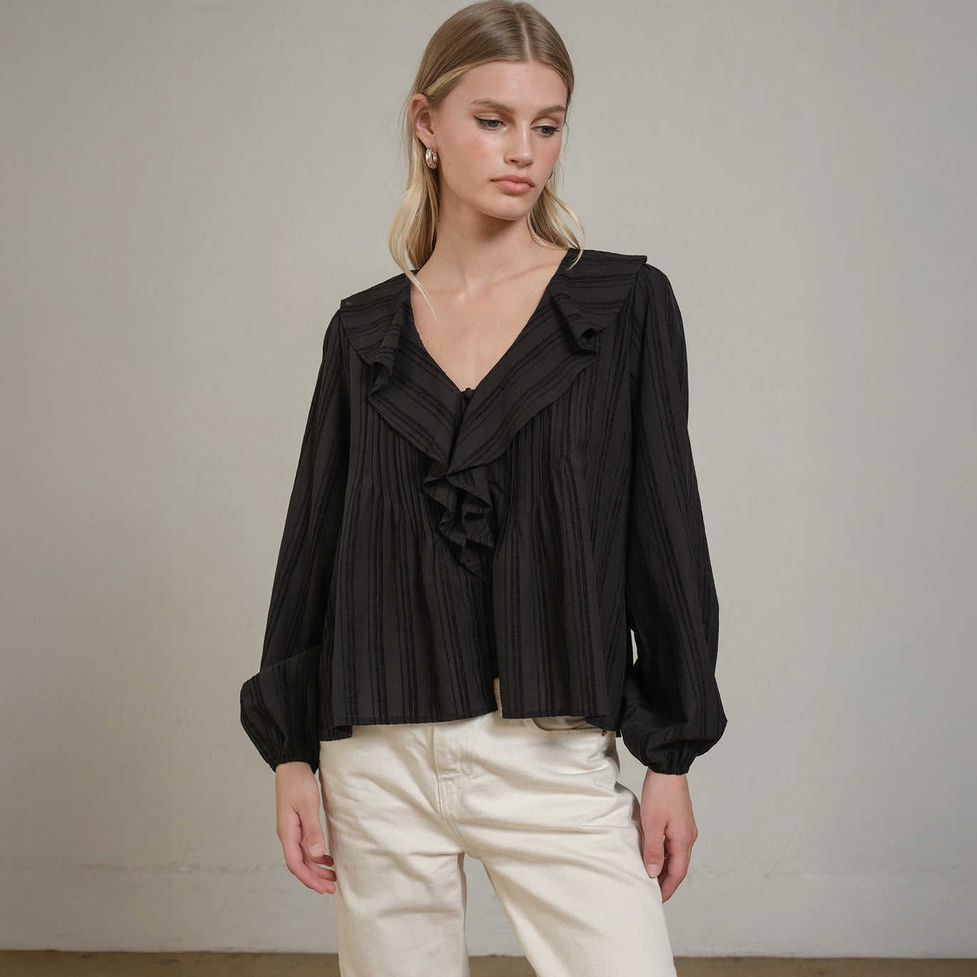 Feeling Light Ruffle Trim Top-Black