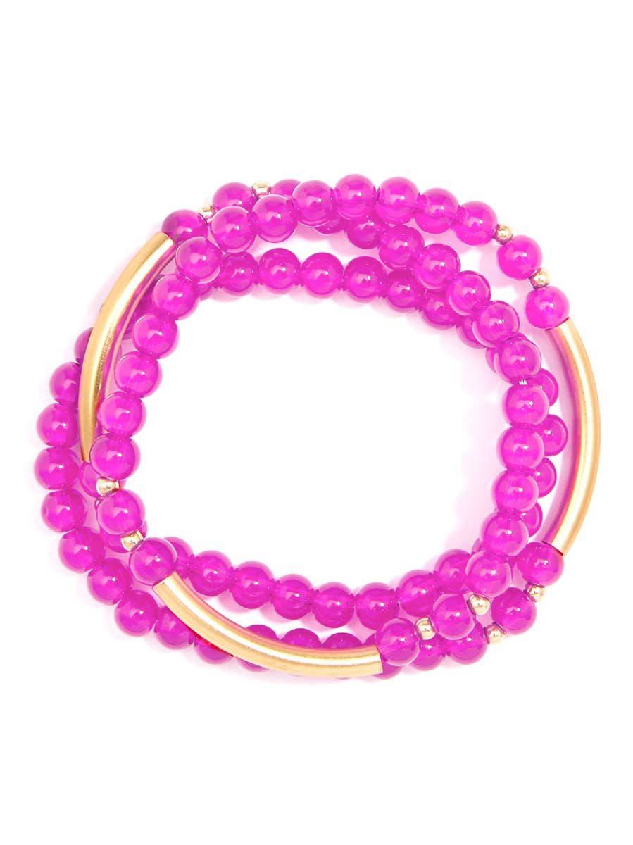 Glossy And Gold Beaded Wrap Bracelet-Hot Pink