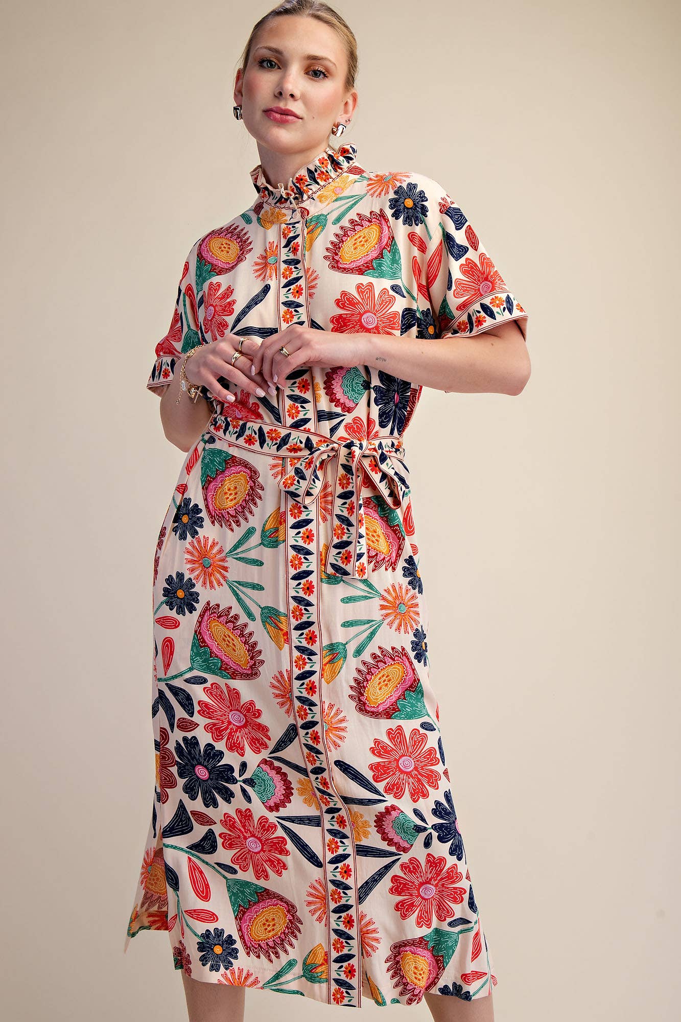 Garden Grace Tie Waist Midi Dress-Coral