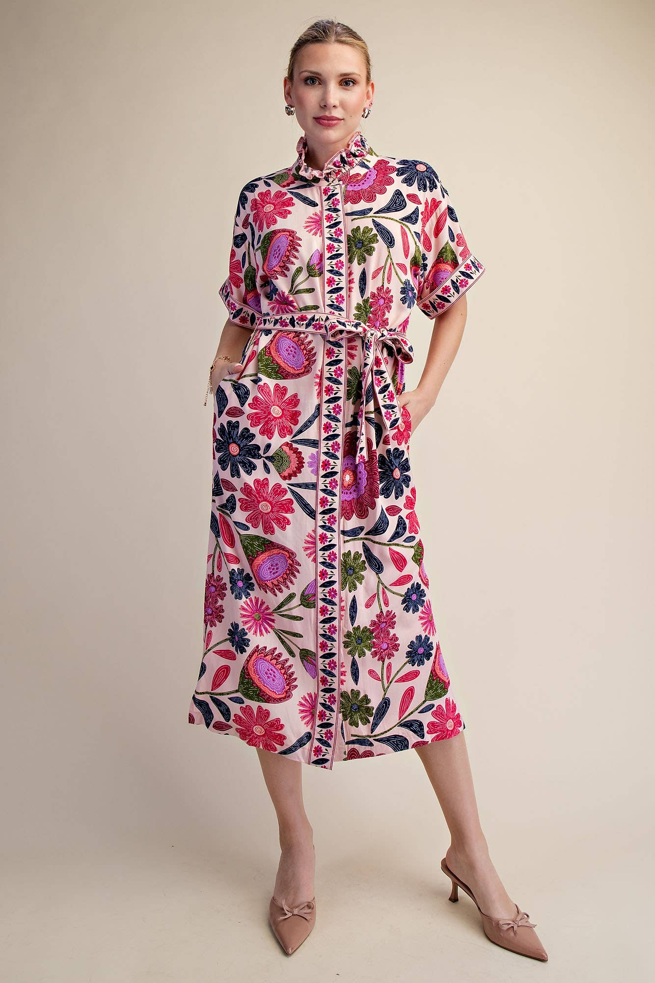 Garden Grace Tie Waist Midi Dress-Pink