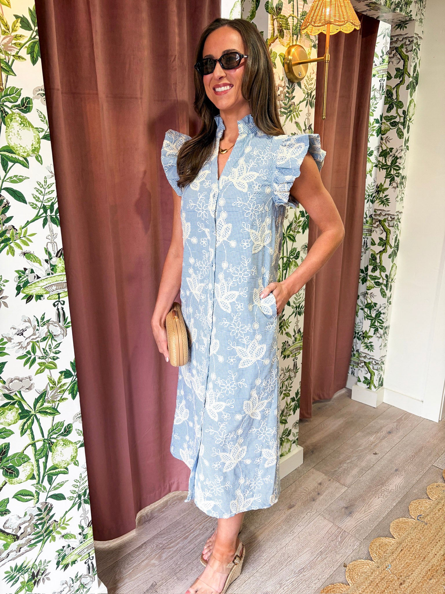 Willow Bloom Gingham Midi Dress-Blue