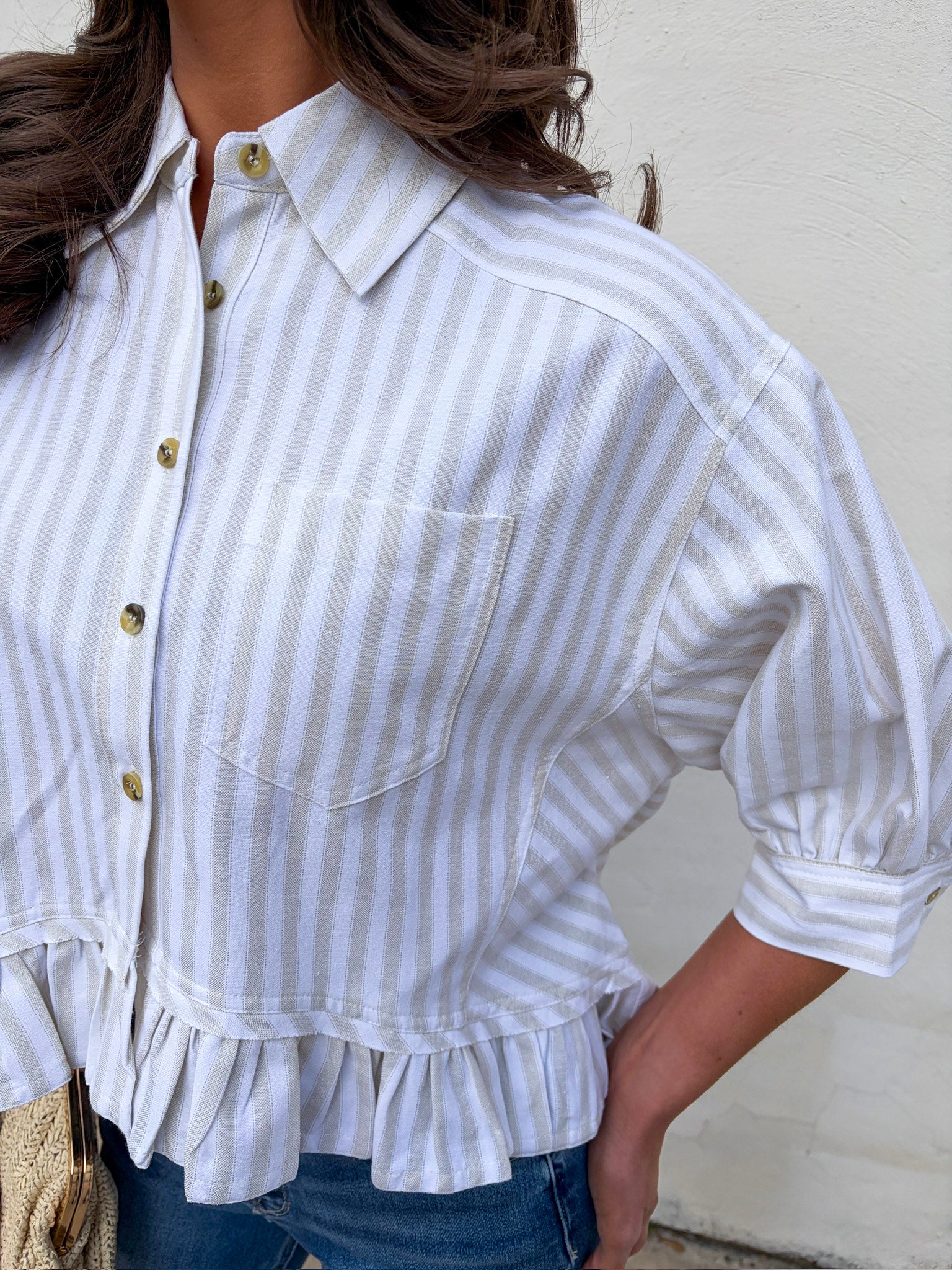 Mattie Striped Ruffle Hem Top-Khaki