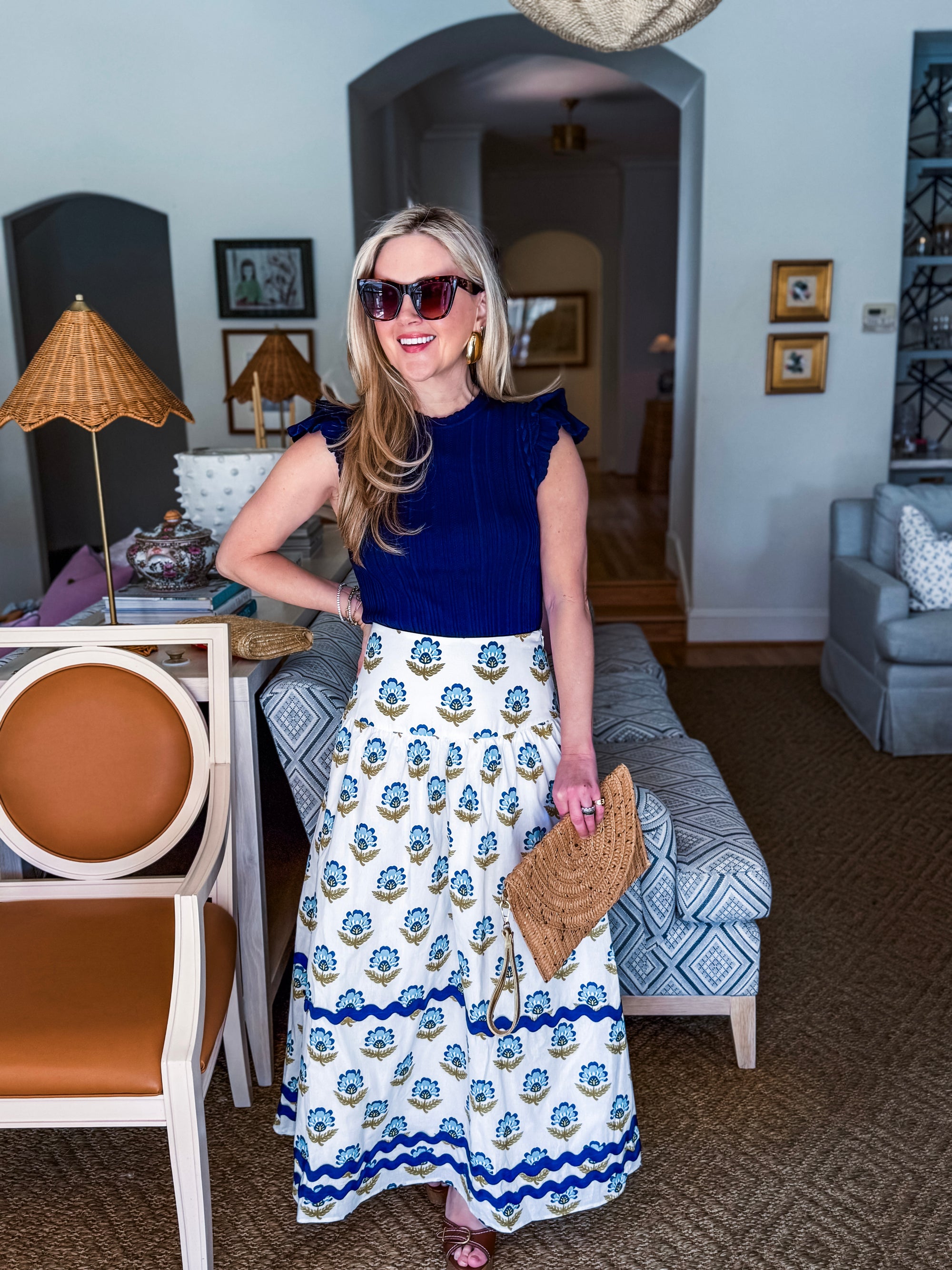 Paris Charm Ruffled Knit Top-Navy