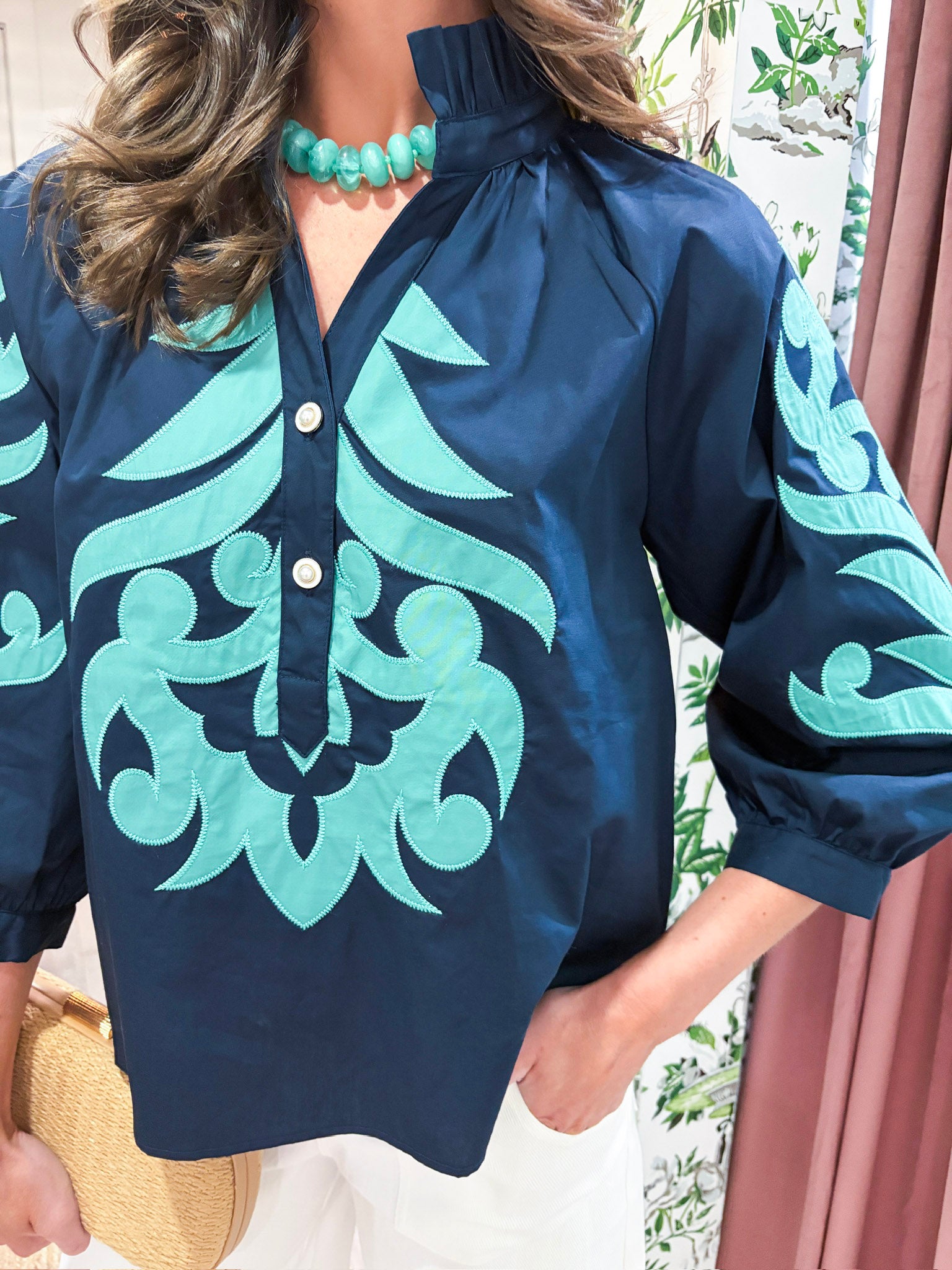 Blush Peony Top-Navy