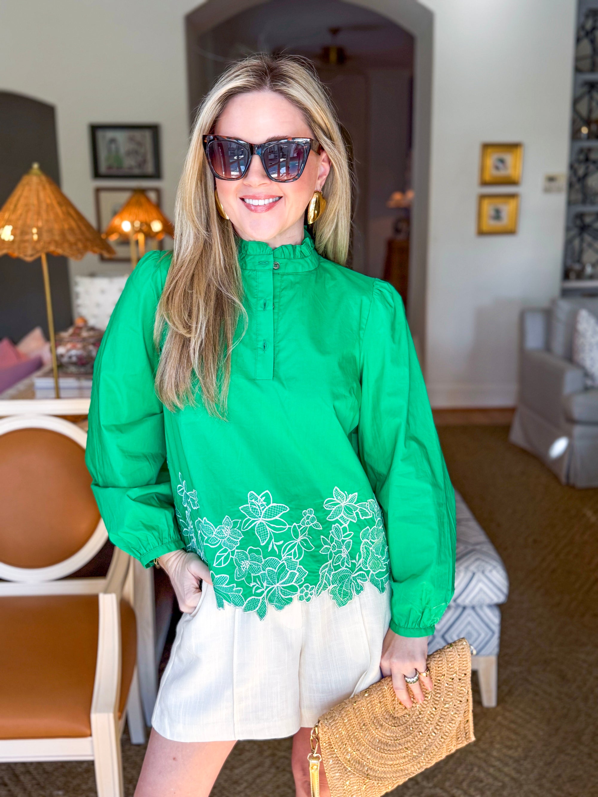 Threaded Bloom Long Sleeve Top-Spring Green
