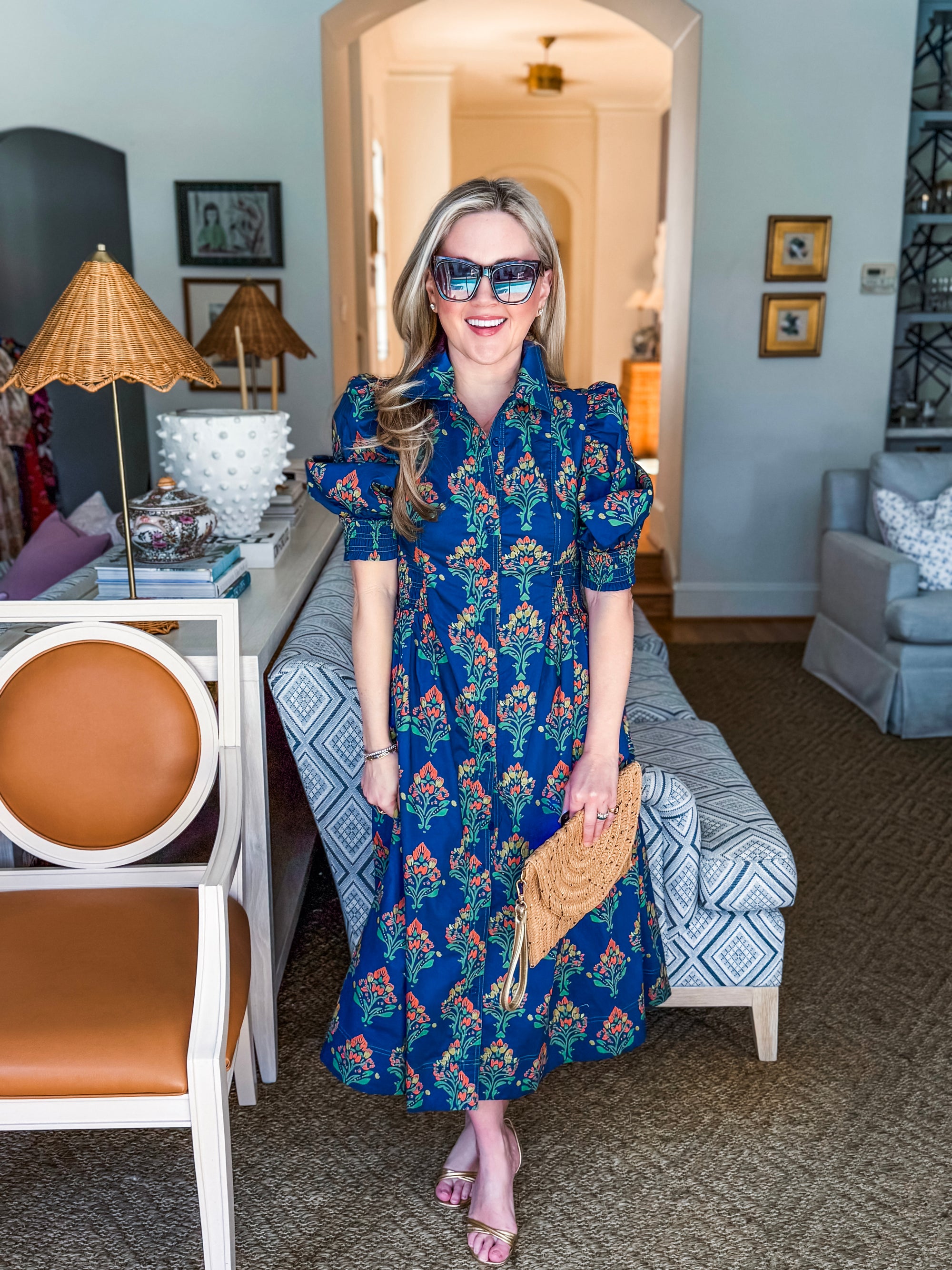 Wildflower Grace Midi Shirt Dress-Navy