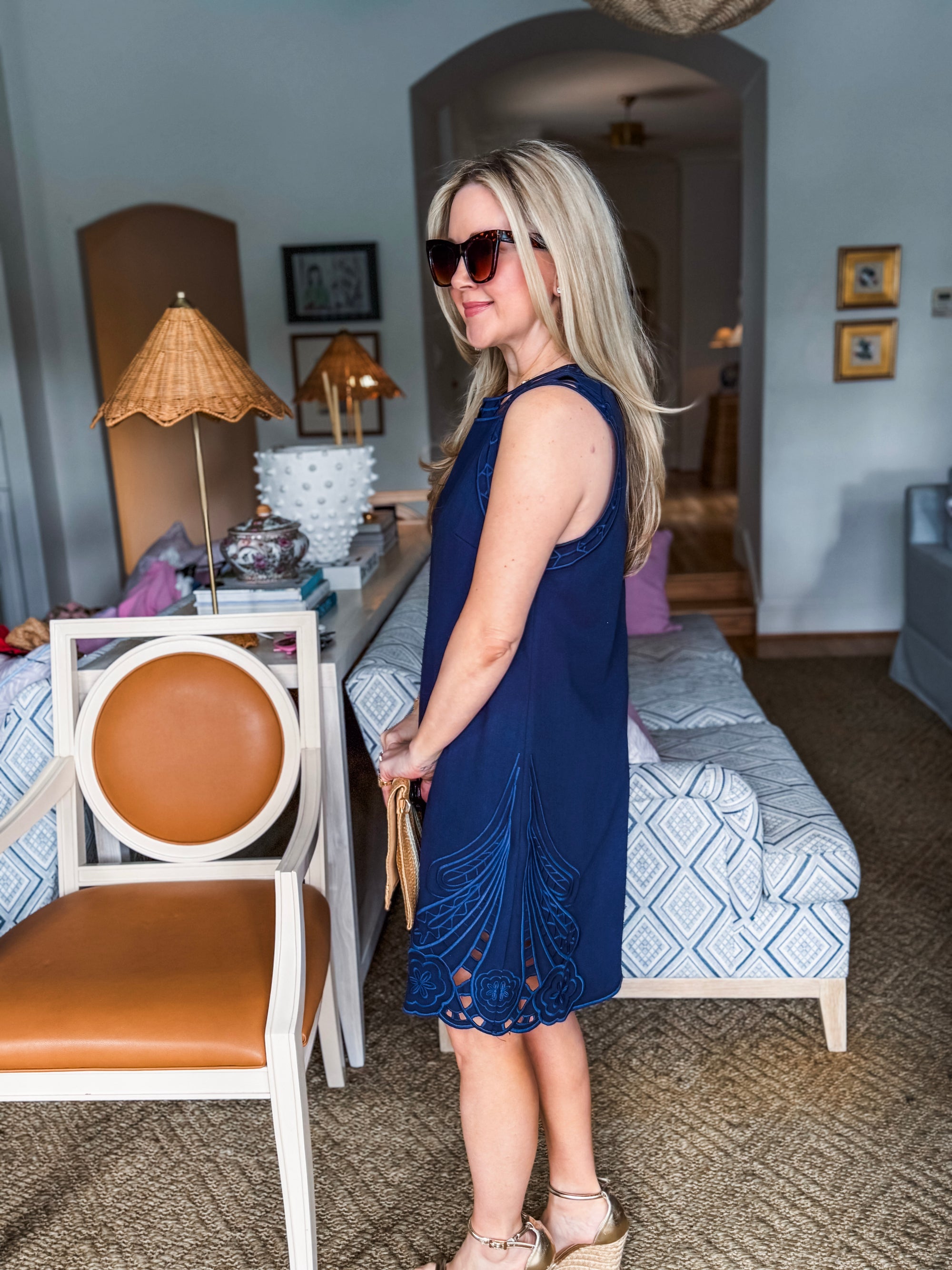 Light of Life Embroidered Dress-Navy