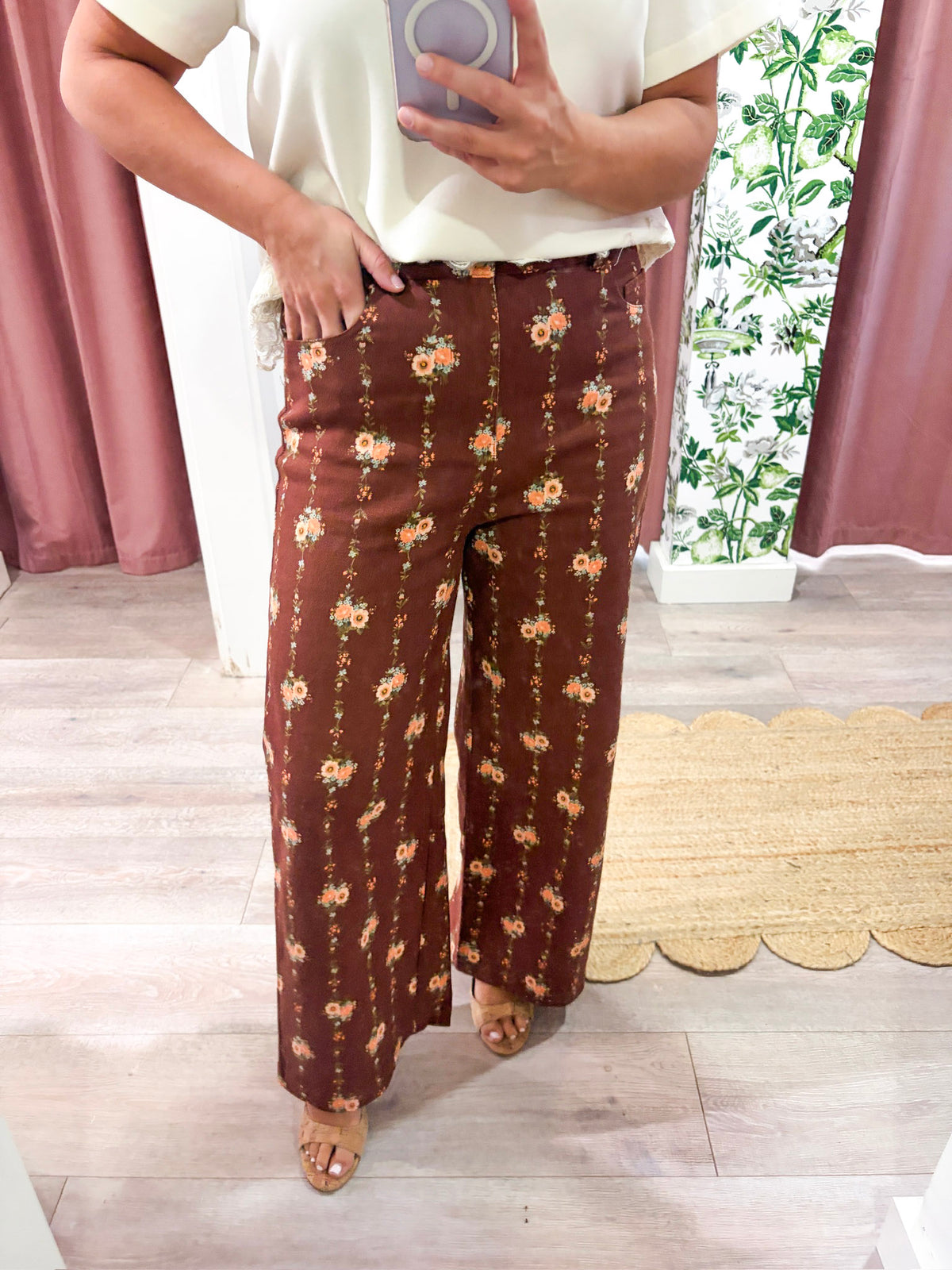Bellagio Floral Wide Leg Pants-Brown
