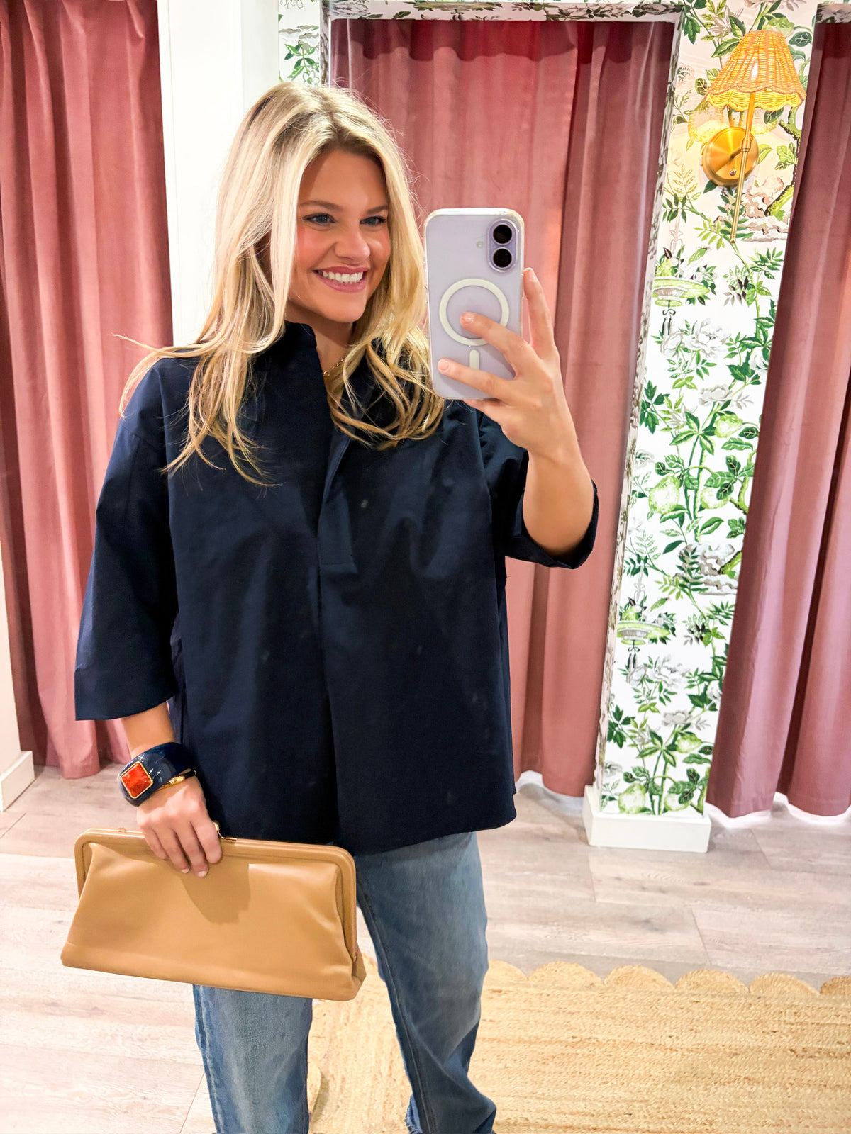 Kaia Oversized Button Down Top-Navy