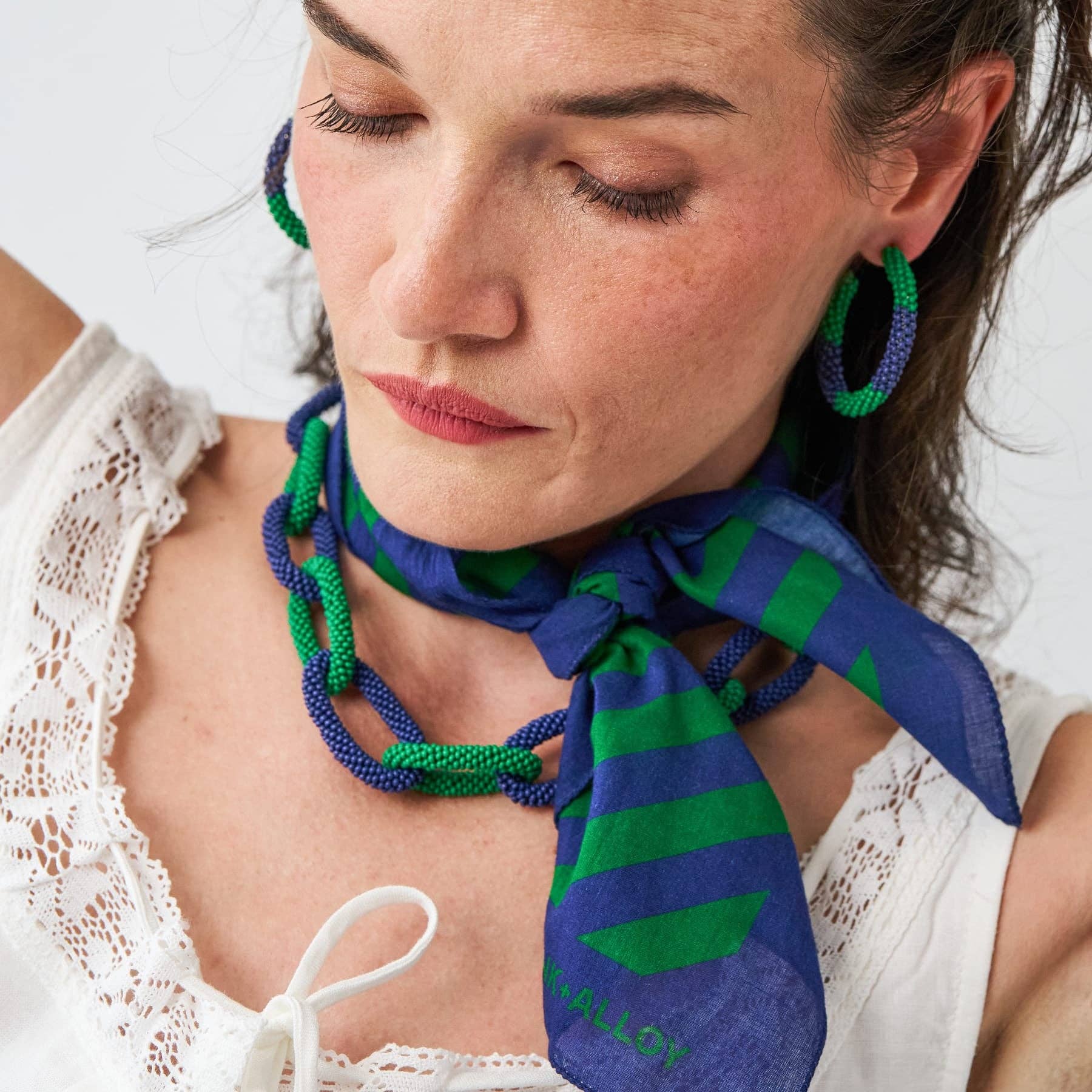 Game Day Chain Link Beaded Necklace-Blue/Green