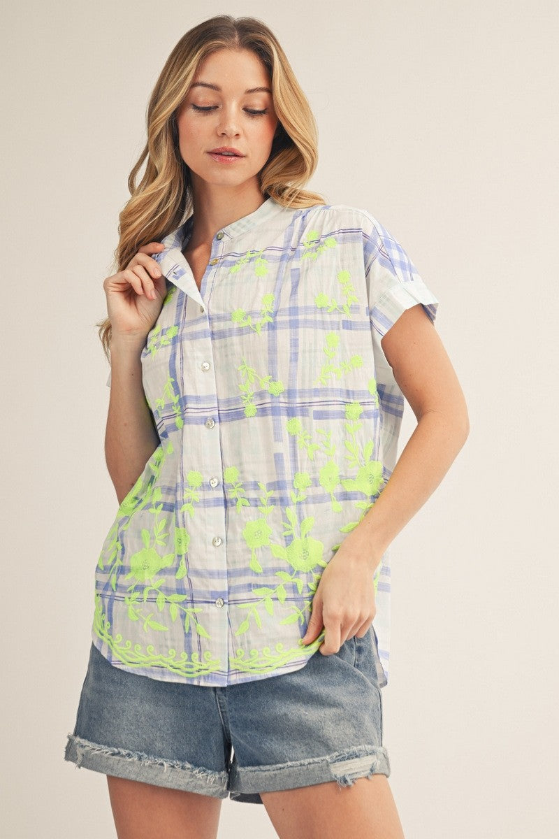 Sunset Picnic Button Down Top-Blue