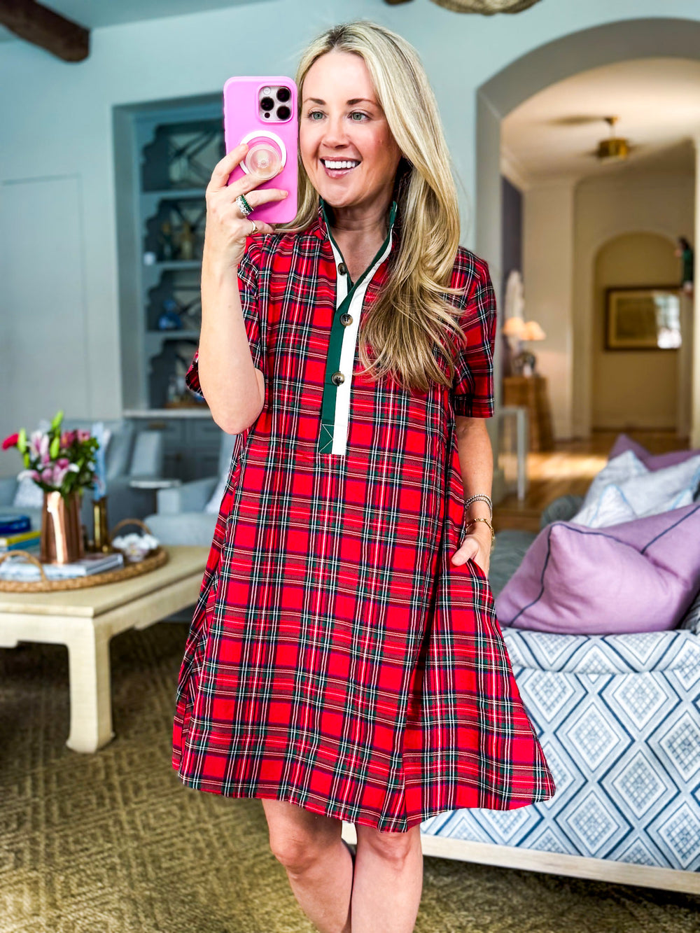 Joyful Plaid Mini Dress-Red