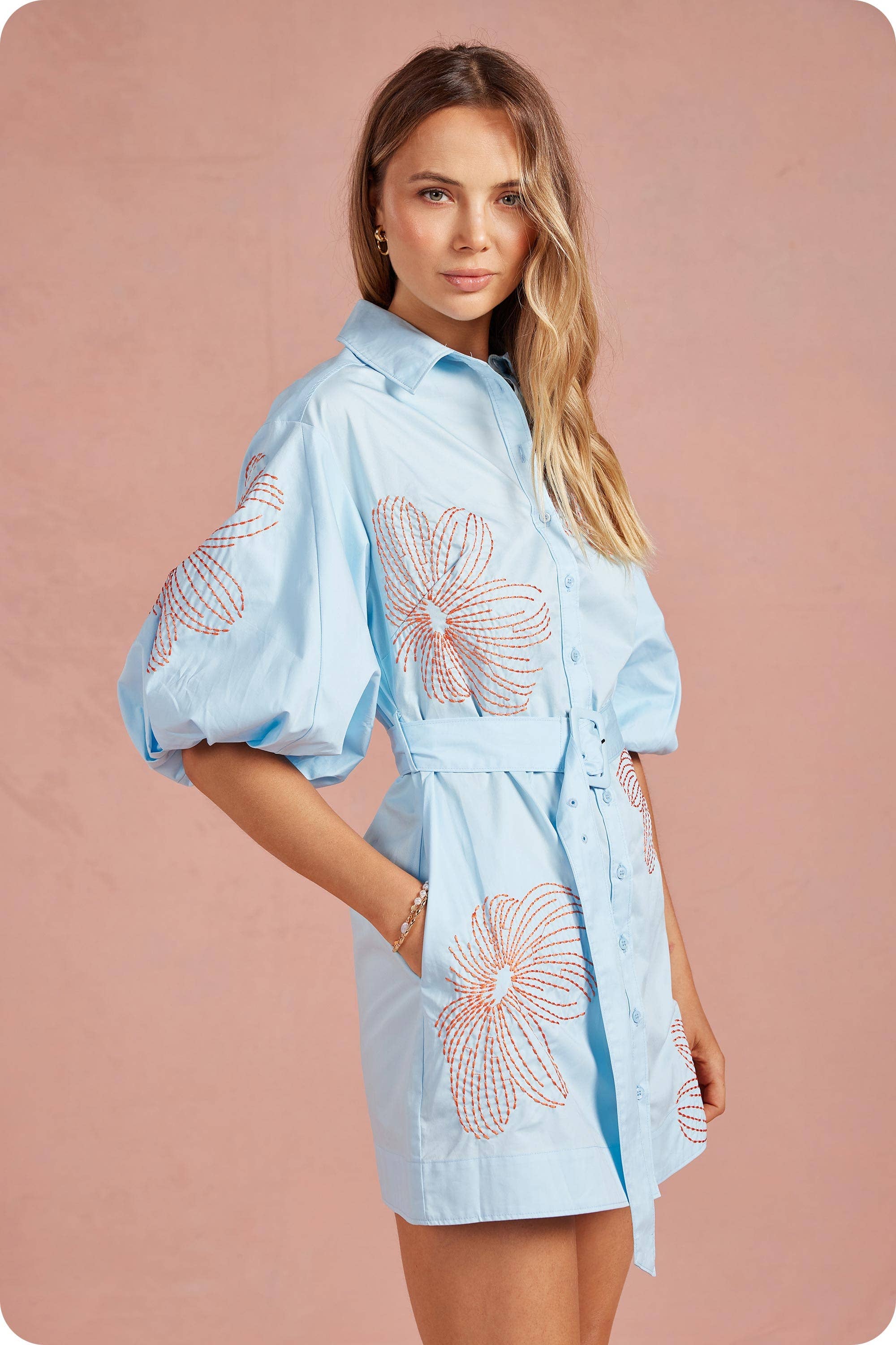 Sweet Flora Puff Sleeve Dress-Sky Blue
