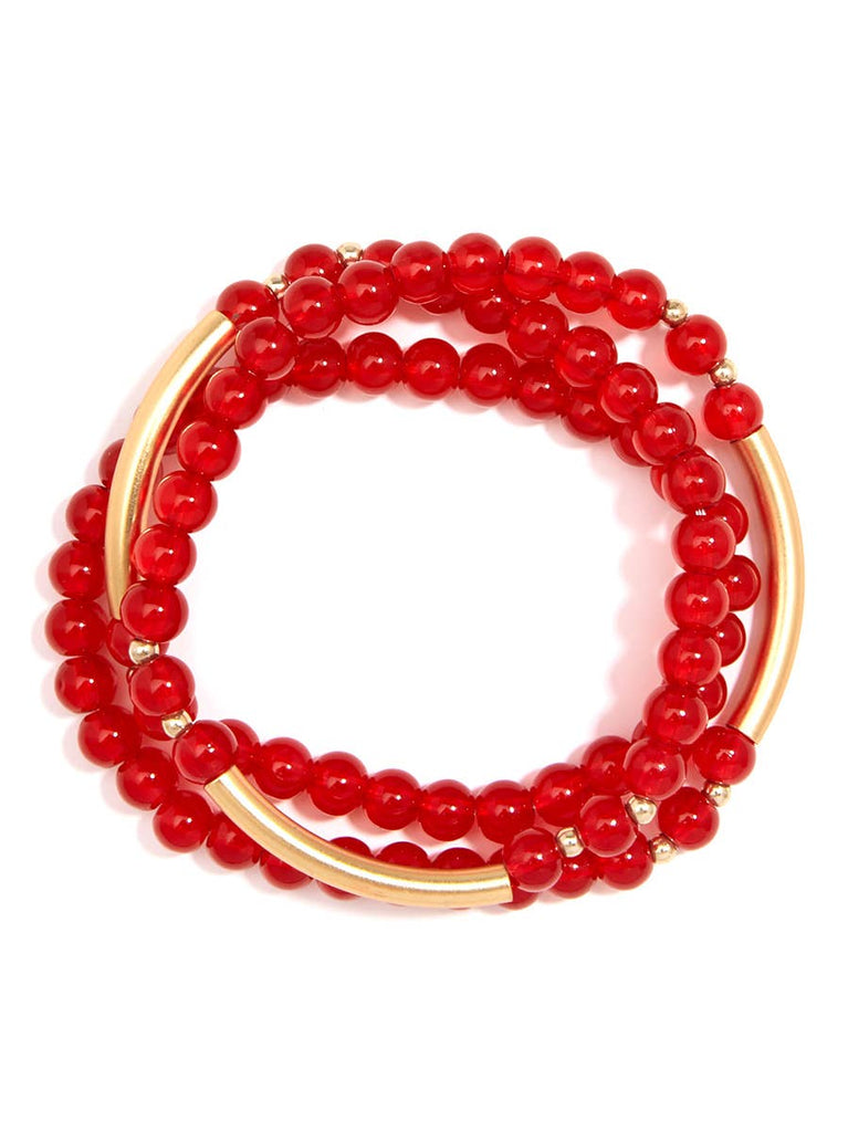 Glossy And Gold Beaded Wrap Bracelet-Red