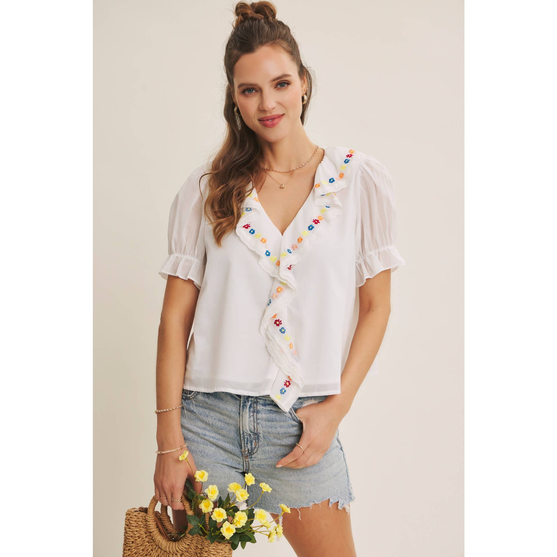 Steps Beach Embroidered Ruffle Top