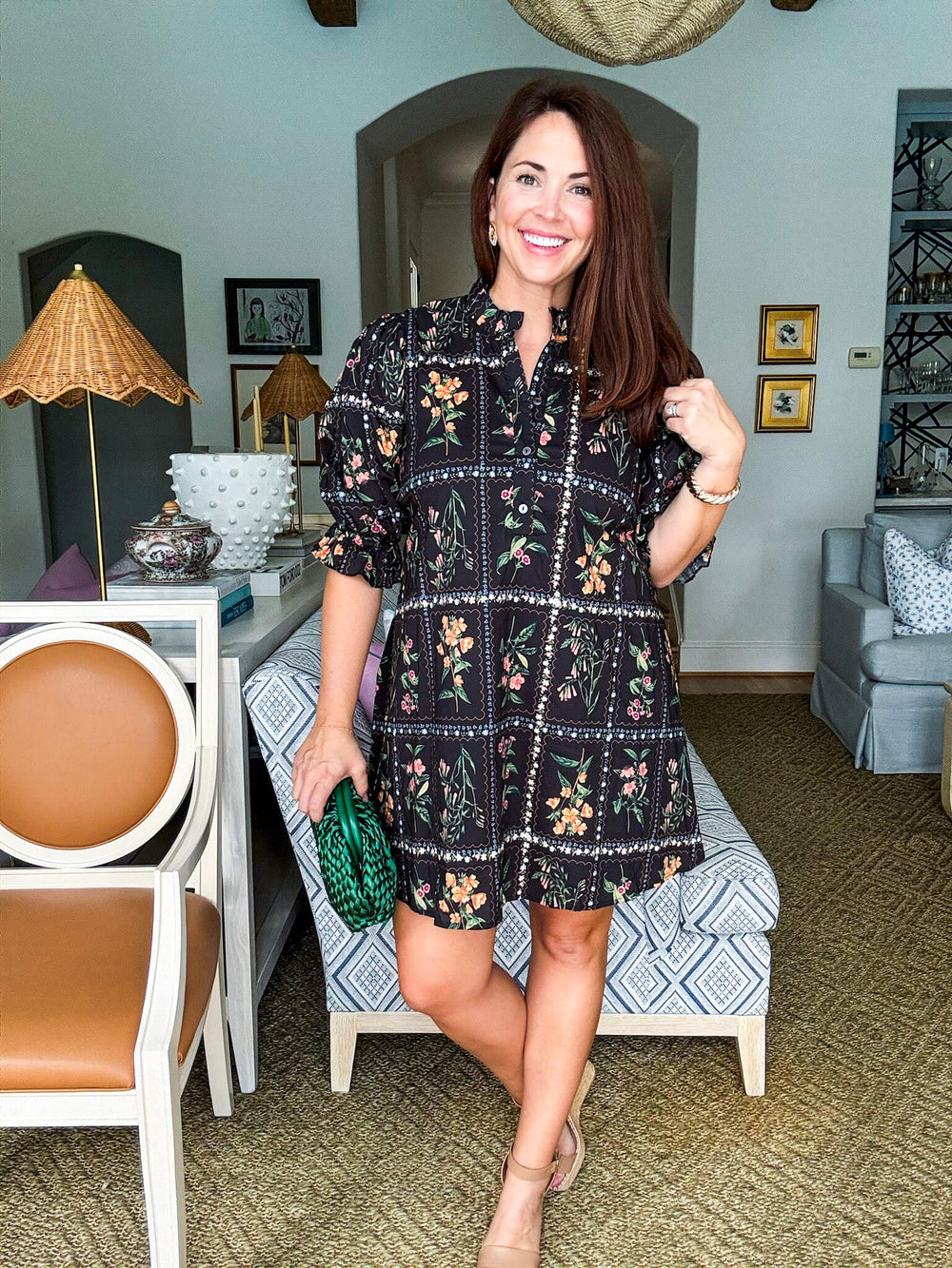 Floral Panel Mini Dress-Black