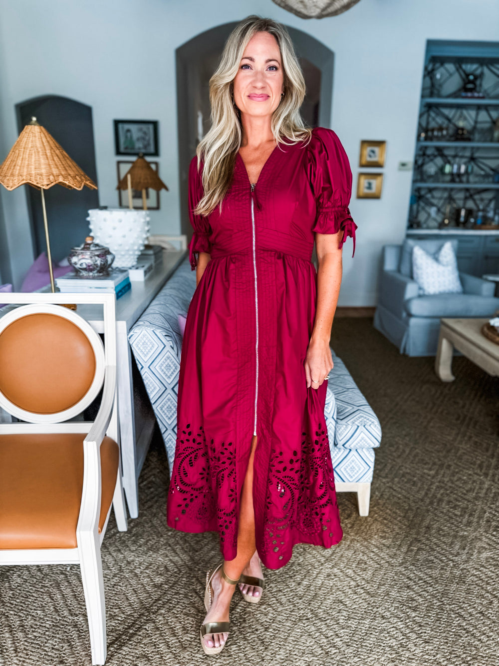 In the Moment Eyelet Midi Dress-Garnet