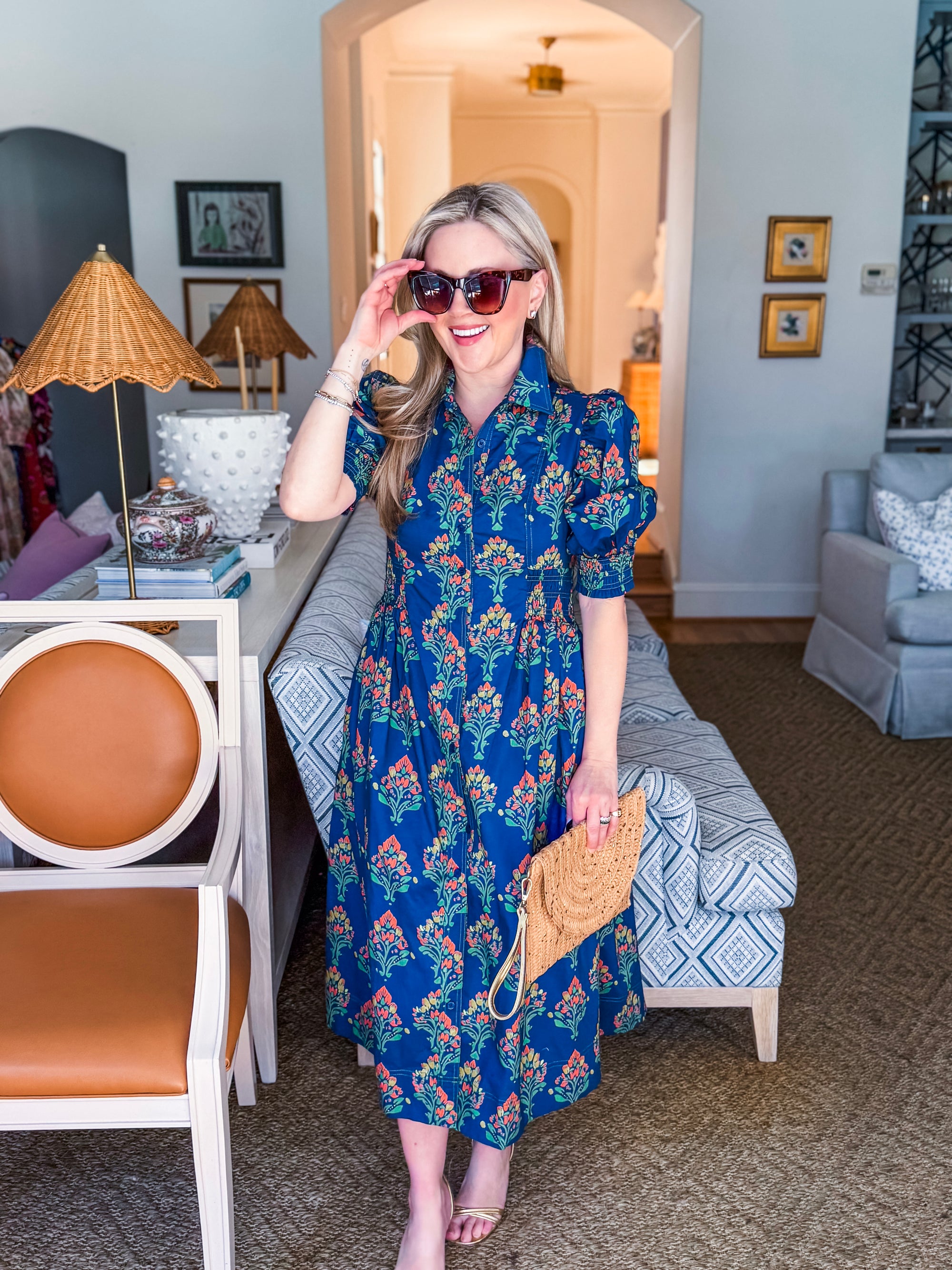 Wildflower Grace Midi Shirt Dress-Navy