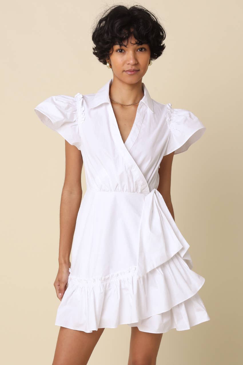 Avah Ruffle Wrap Mini Dress-White