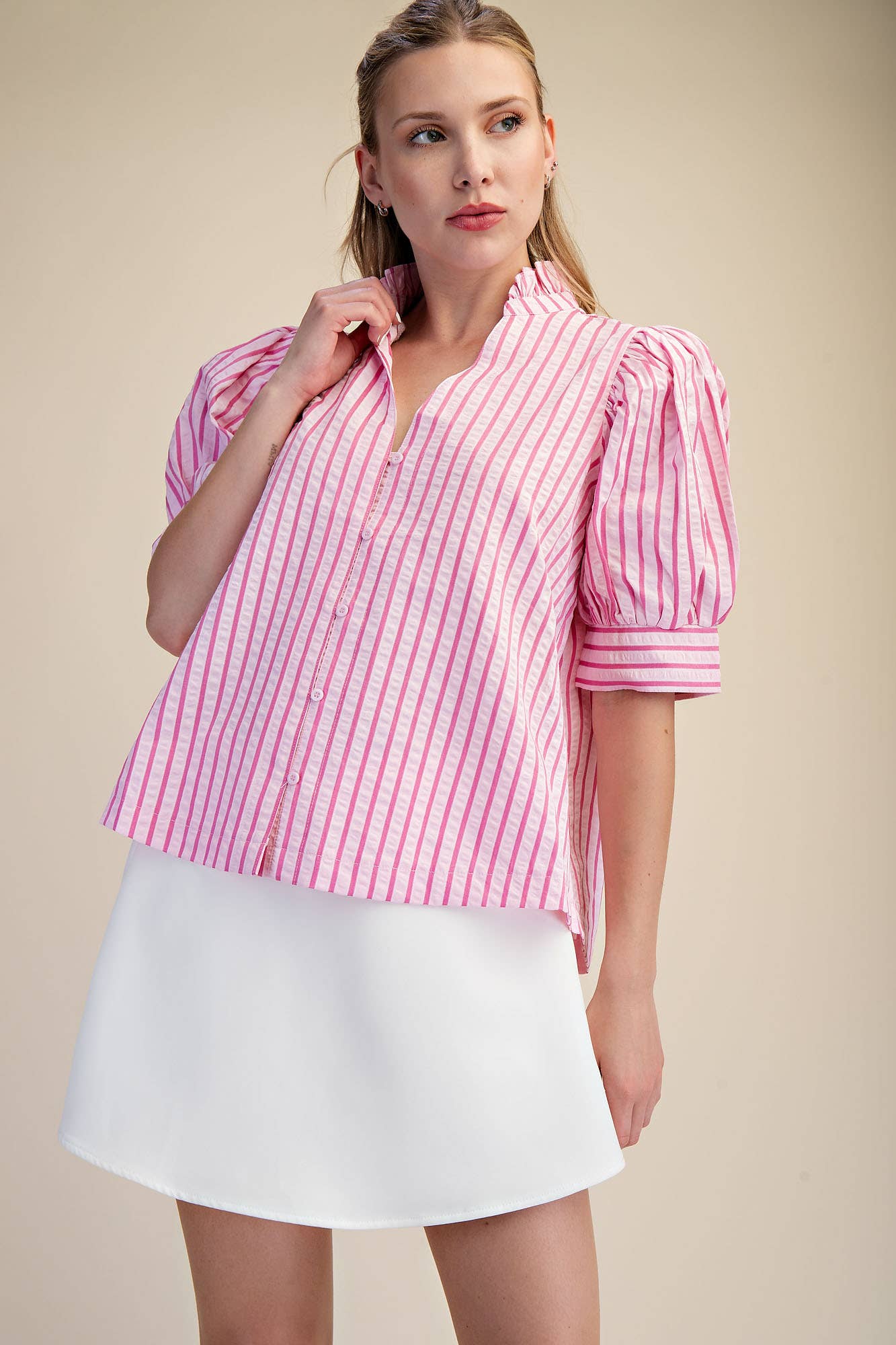 Sweetheart Puff Sleeve Top-Pink