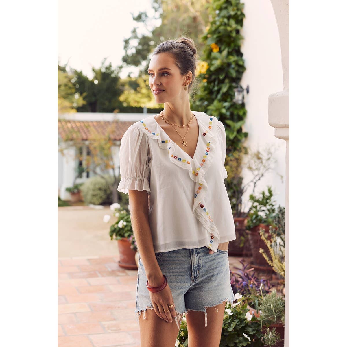 Steps Beach Embroidered Ruffle Top