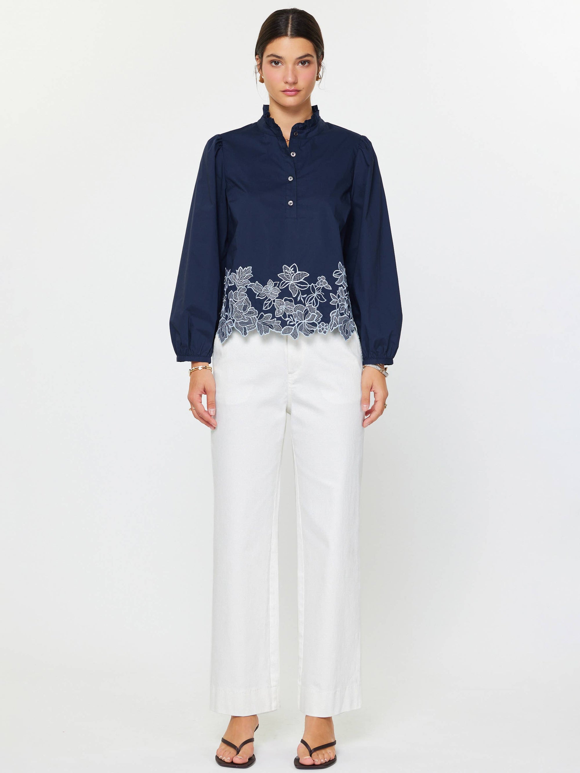 Threaded Bloom Long Sleeve Top-Navy