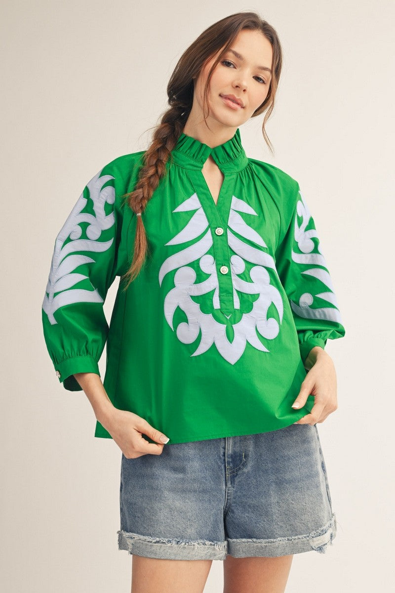 Blush Peony Top-Kelly Green/Sky Blue