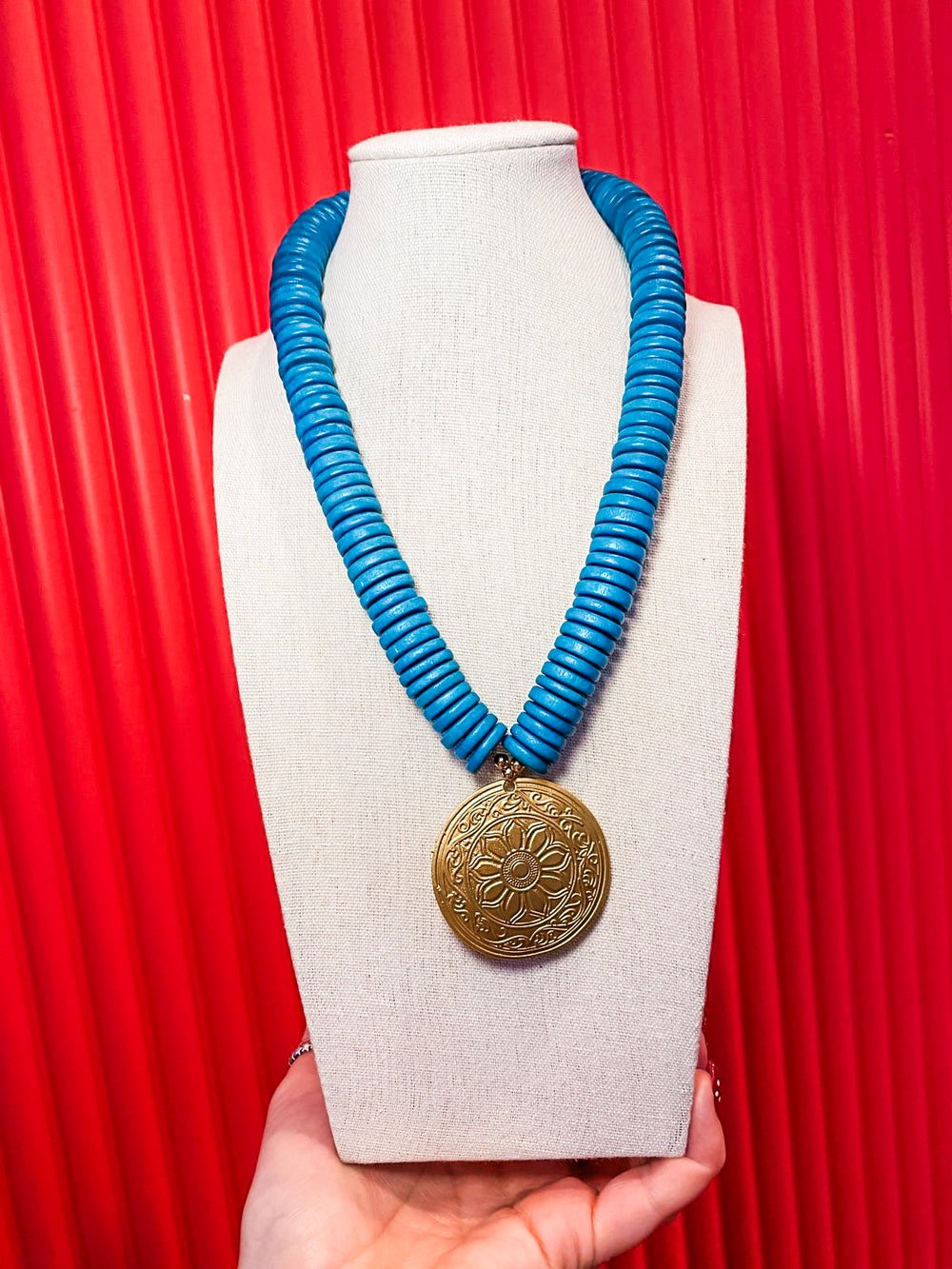 Floral Medallion Beaded Necklace-Teal