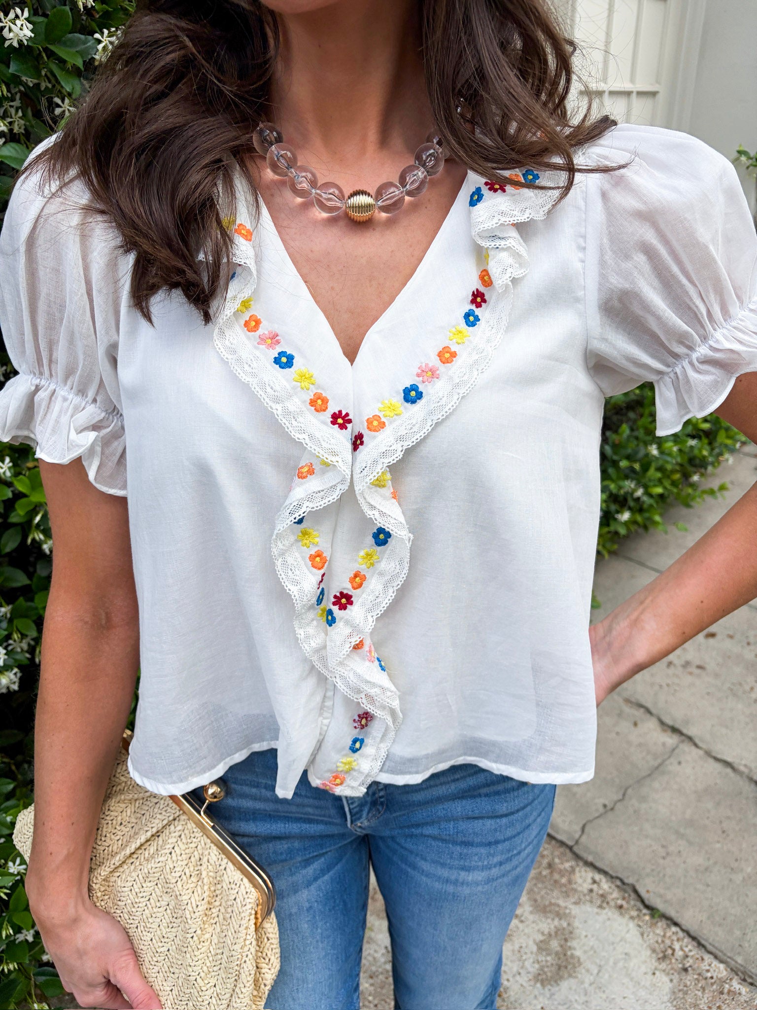 Steps Beach Embroidered Ruffle Top