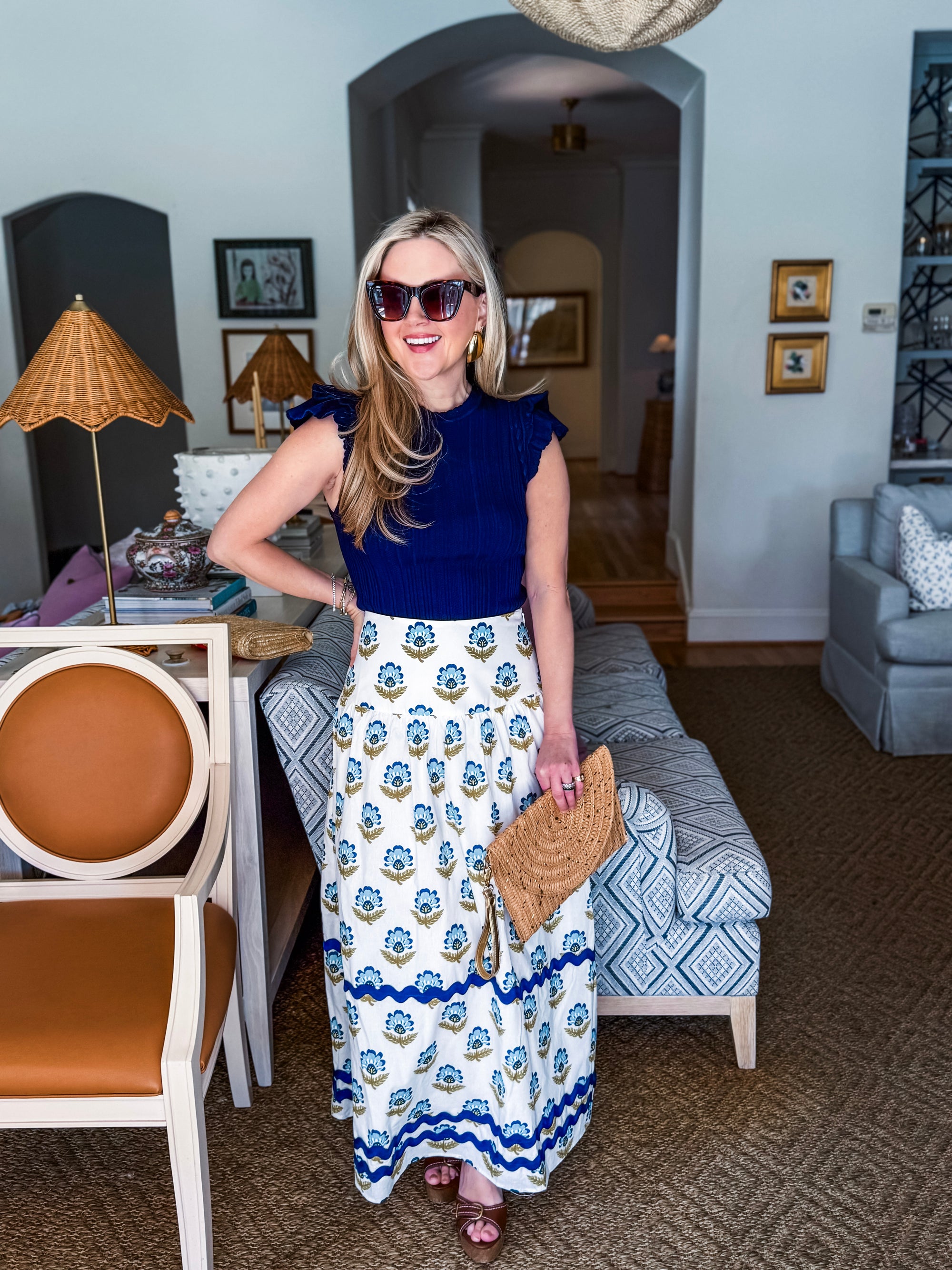 Paris Charm Ruffled Knit Top-Navy