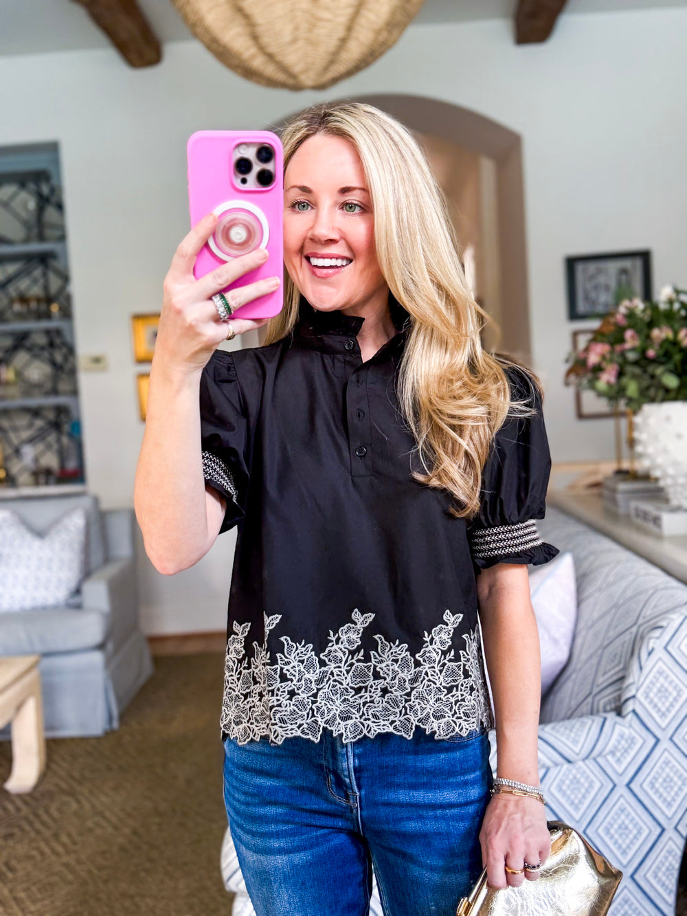 Threaded Bloom Embroidered Top-Black