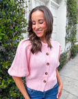 Travel Plans Button Down Sweater-Pink