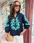 Blush Peony Top-Navy