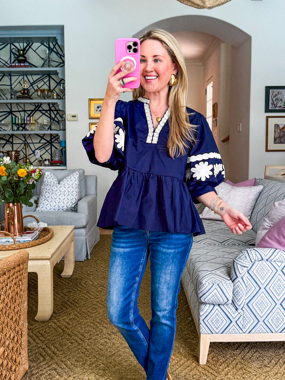 Rosewood Fields Embroidered Top-Navy