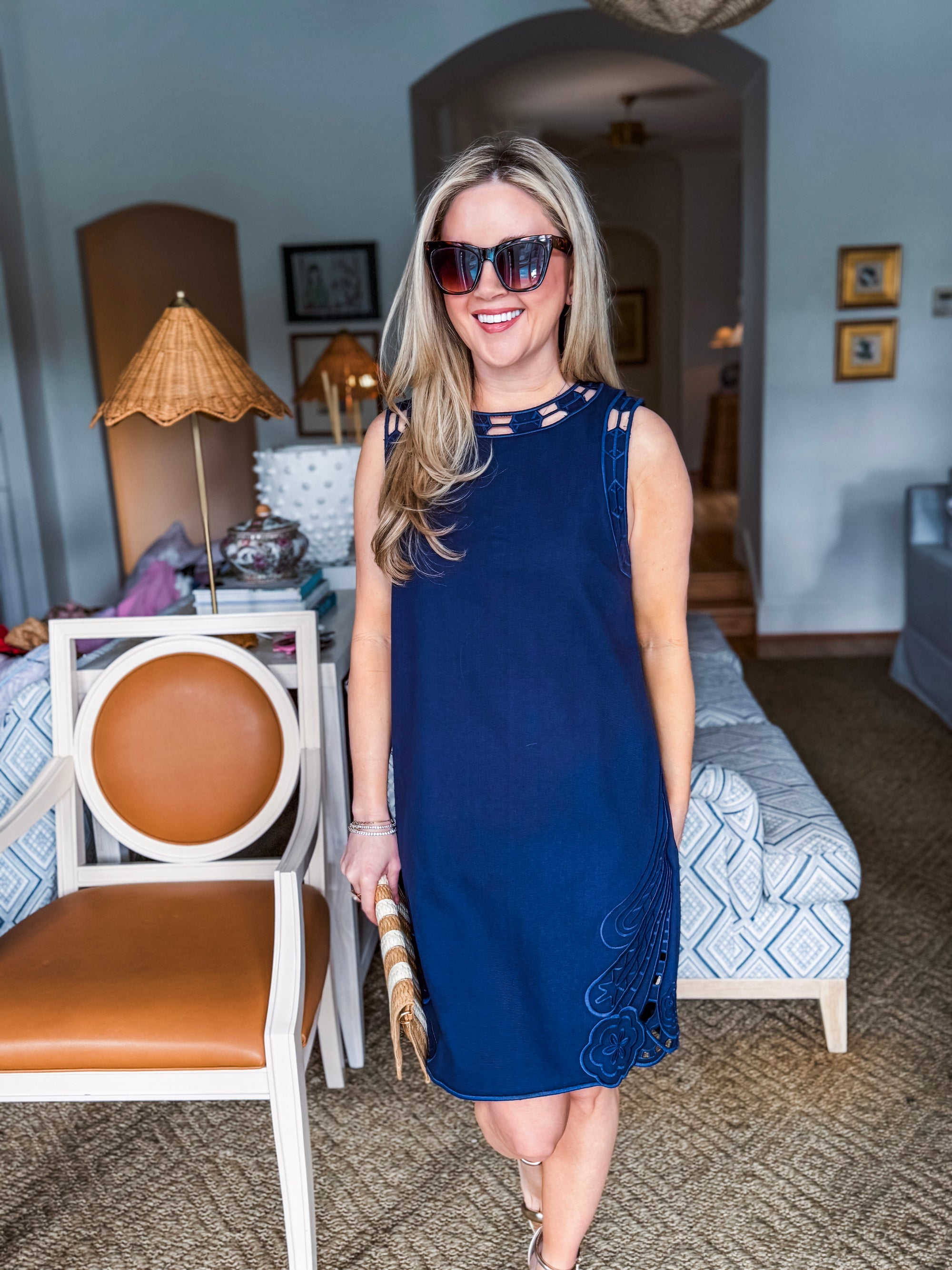 Light of Life Embroidered Dress-Navy