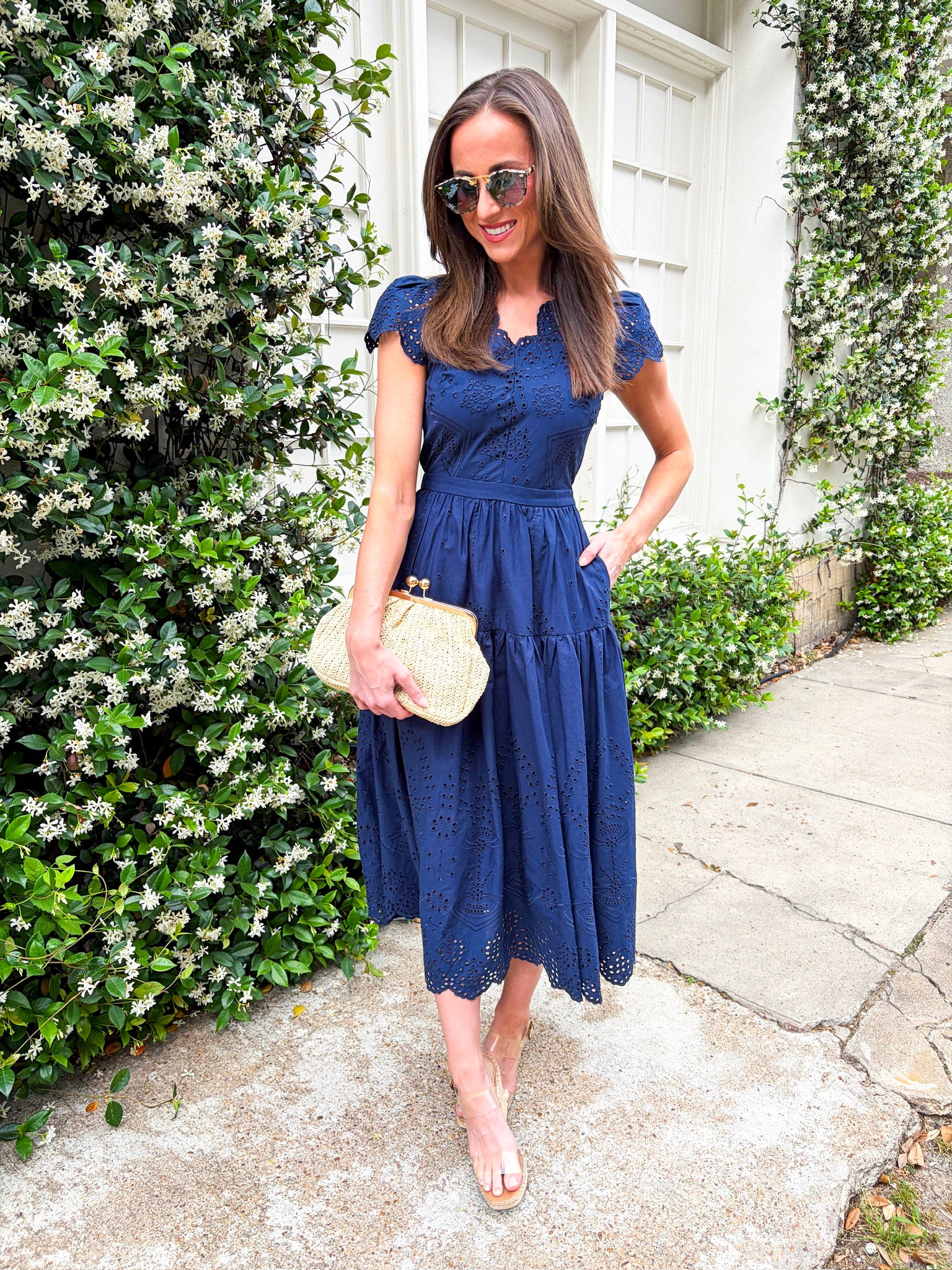 Easy Like Sunday Embroidered Midi Dress-Navy